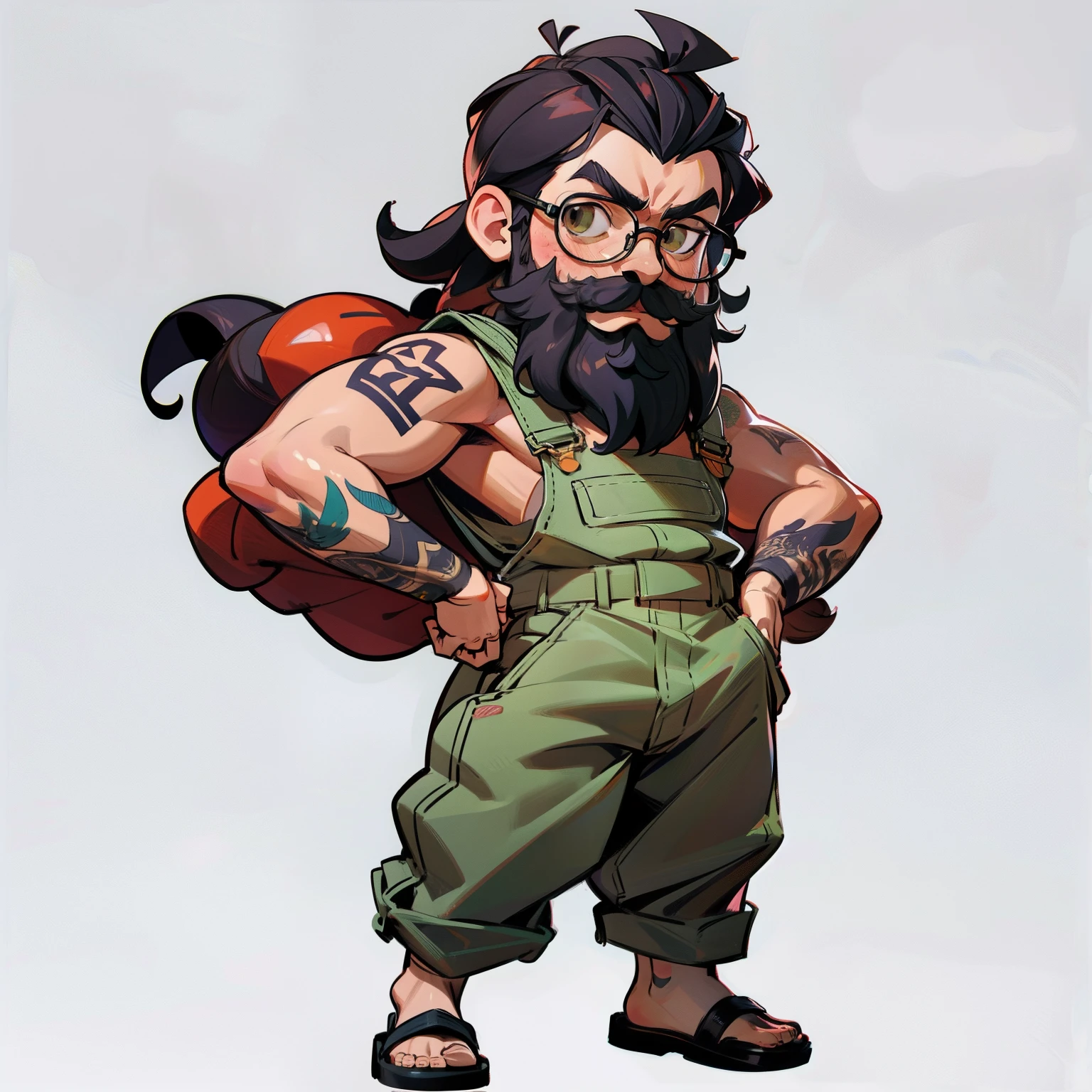 masutepiece, Best Quality, Full body shot, No background, White background, Round glasses, a beard, mustache, Tattoos, Khaki overalls, Chibi, samurai hair