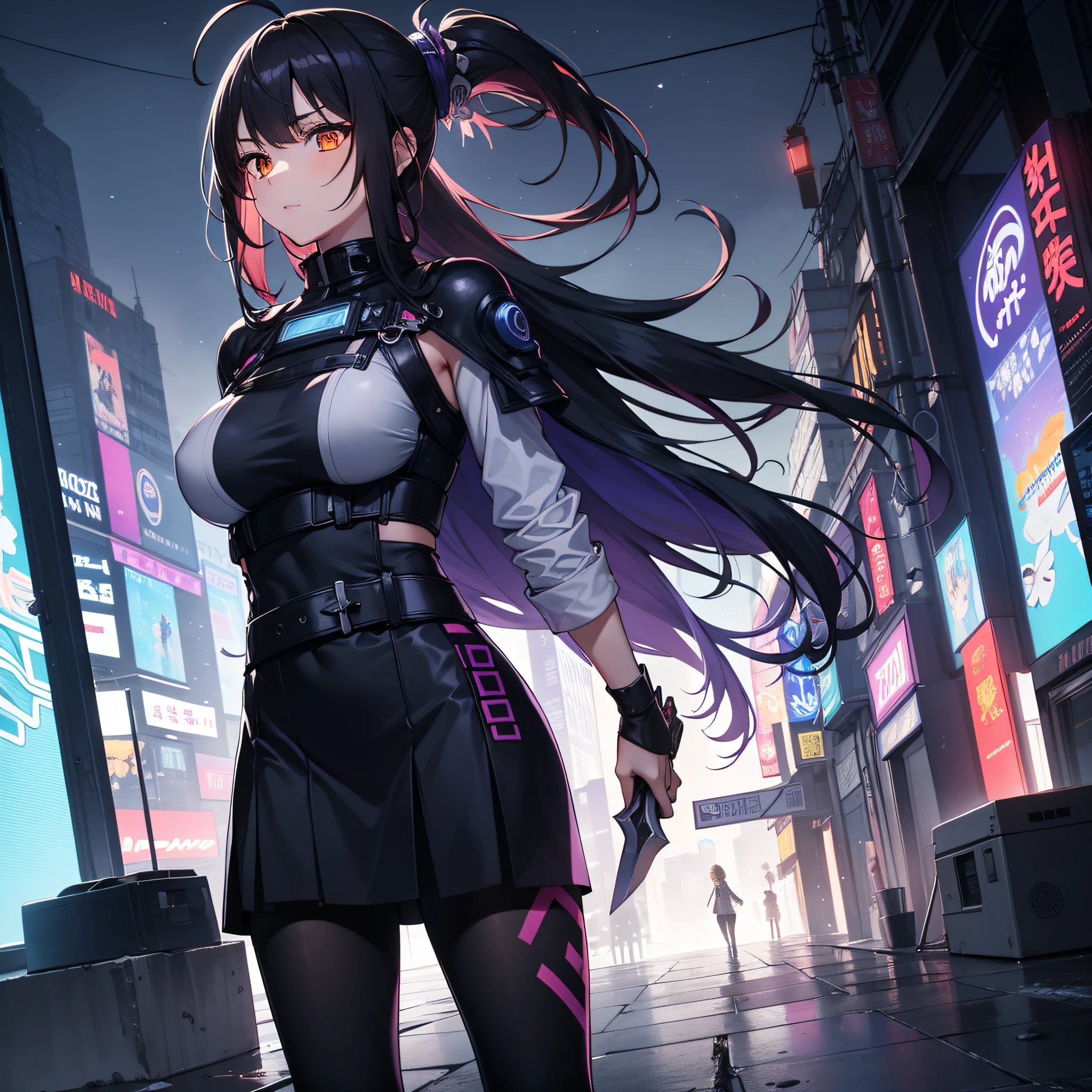 1girl, solo, sakifuwa, very long hair, ponytail, orange eyes, black hair, ahoge, black tights, white samurai suit, long leggings, purple strain of hair, very purple long skirt, holding dual sword, frost effects, frost blue, frost pillars, cyberpunk city