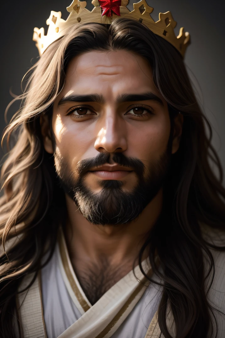 castelo, velho, Rei Velho, cria um retrato realista de Jesus, representando-o como um homem simples e humilde. Highlight the calm and compassionate expression on your face, com olhos serenos e um sorriso suave. Be sure to faithfully portray Jesus' facial features, como sua barba e cabelos compridos. Add a crown of thorns on the head, enfatizando o aspecto doloroso, but without exaggerating the violence. colocar cabelos grisalhos no cabelo, Um Velho. Use soft lighting to emphasize the aura of kindness and peace around you. The main focus should be to convey the message of love and compassion that Jesus represents....... Por favor, Avoid any offensive or disrespectful representations. The goal is to create a reverent and inspiring image that captures the essence of Jesus as a simple man and the Savior of mankind......."
