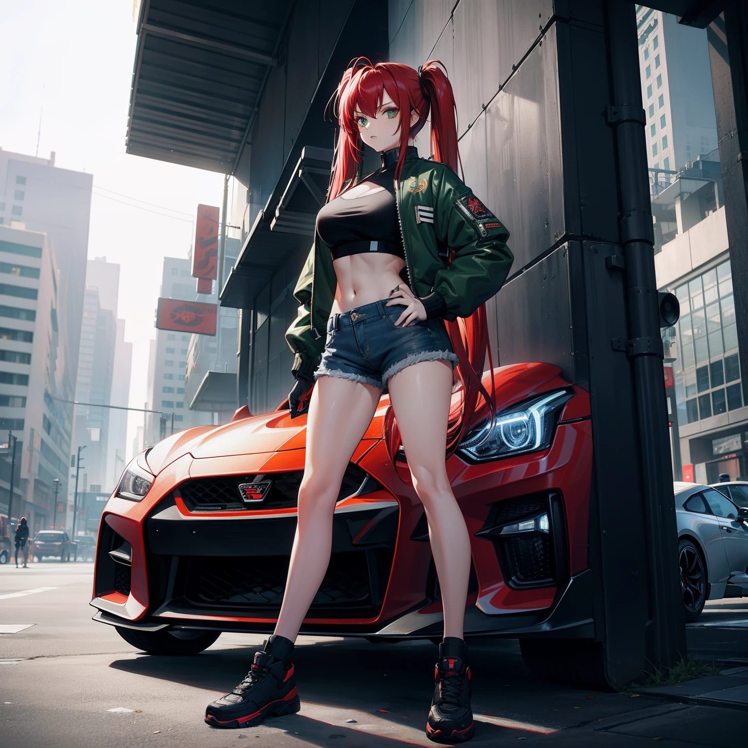 Full body shot, female asian Irina Shidou red hair twintails green eyes, in a cyberpunk city, wearing a bomber jacket and crop top and denim shorts, standing next to a Nissan GT-R, holding a big machine gun, holding a long laser rifle, frontal shot, behind shot, masterpiece, highly detailed