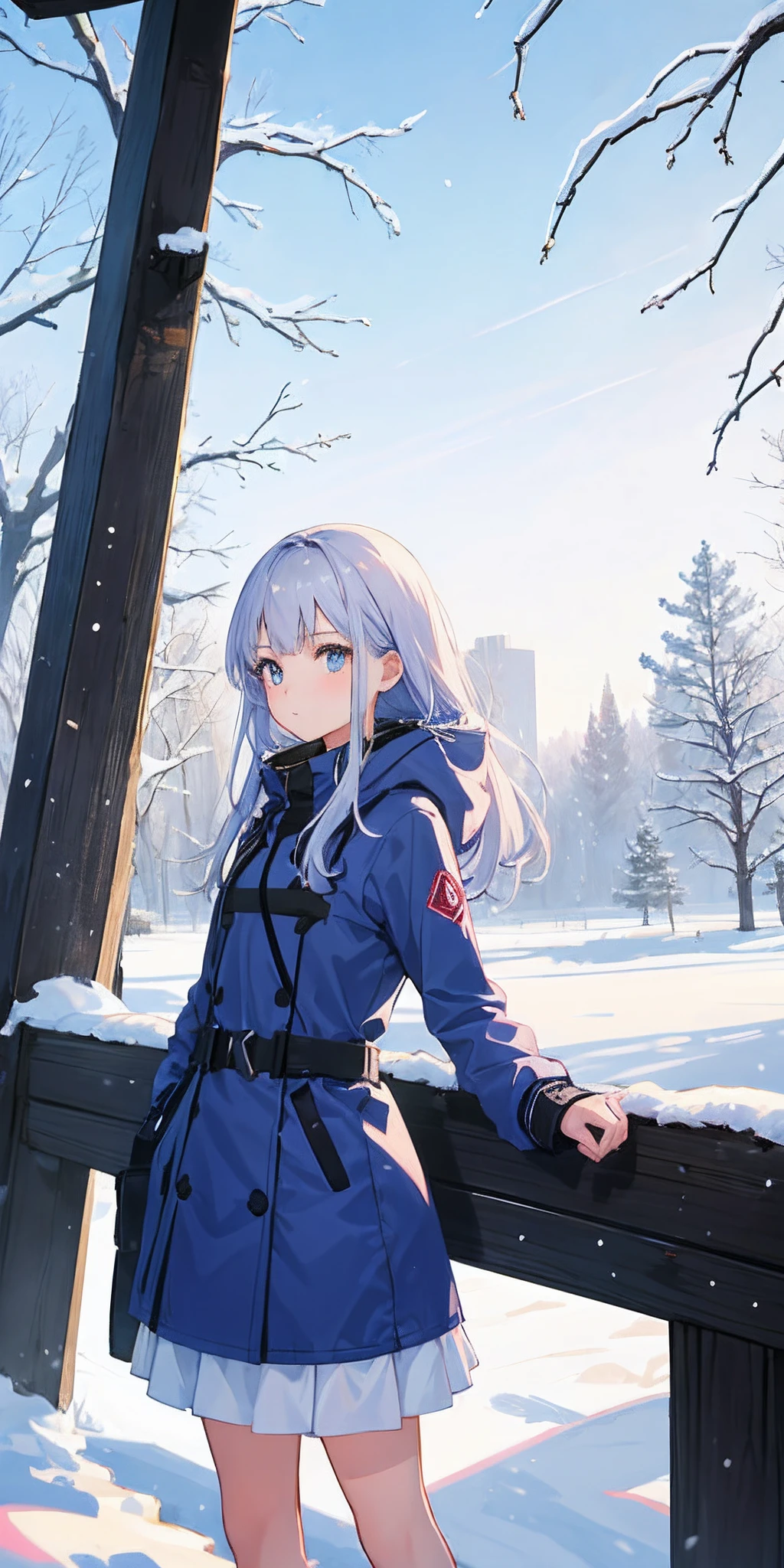 1girl, solo girl, 8k, wallpaper, beautiful lights, zero two, bule hair, outdoors, blue sky, some trees with snow, lonely gril