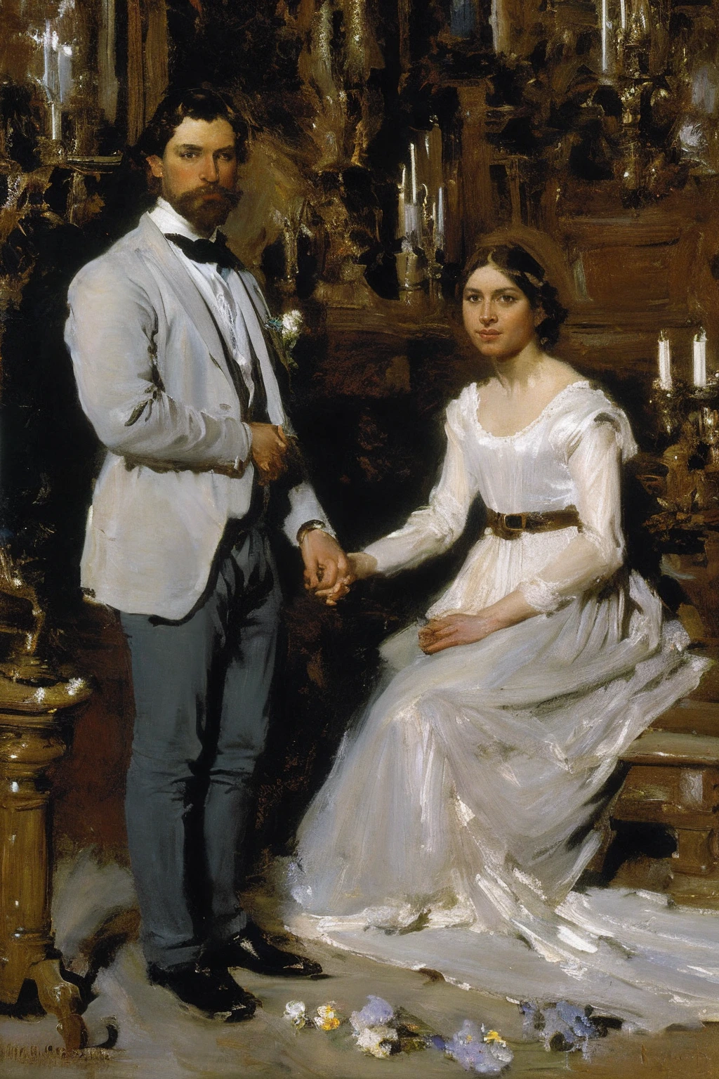 (masterpiece), 19th century, 2 people, a young man and woman in a wedding attire at the altar, a transparent veil covers woman's face, a young man in a wedding suit, a bouquet of flowers, church decorations, ultra-high resolution, full-length body, an unsurpassed masterpiece, a perfect work of art, realistic painting, oil paint, the best quality, High background detail, painterly drawing, Rows of benches, Low contrast, extremely detailed face, (ideal face: 1.5), Essence, Softness of light, candles, art by Vasily Pukirev and John Singer Sargent and Gustave Courbet and Ilya Repin