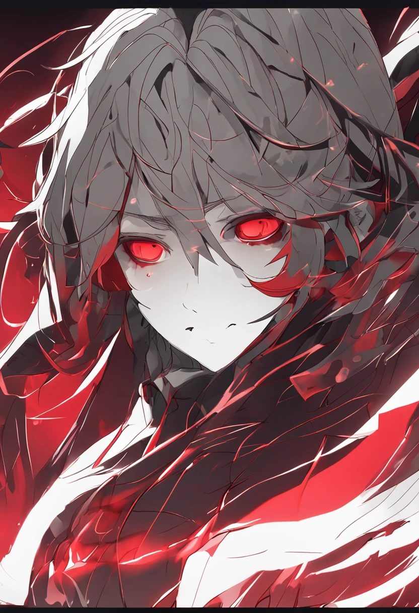 Red eyes,high qulity,Delicate,dark vibe atmosphere,a sense of mystery,Dynamic posture,Unique angle,red flames,Icy background,detail-rich,Pay attention to light and shadow effects。