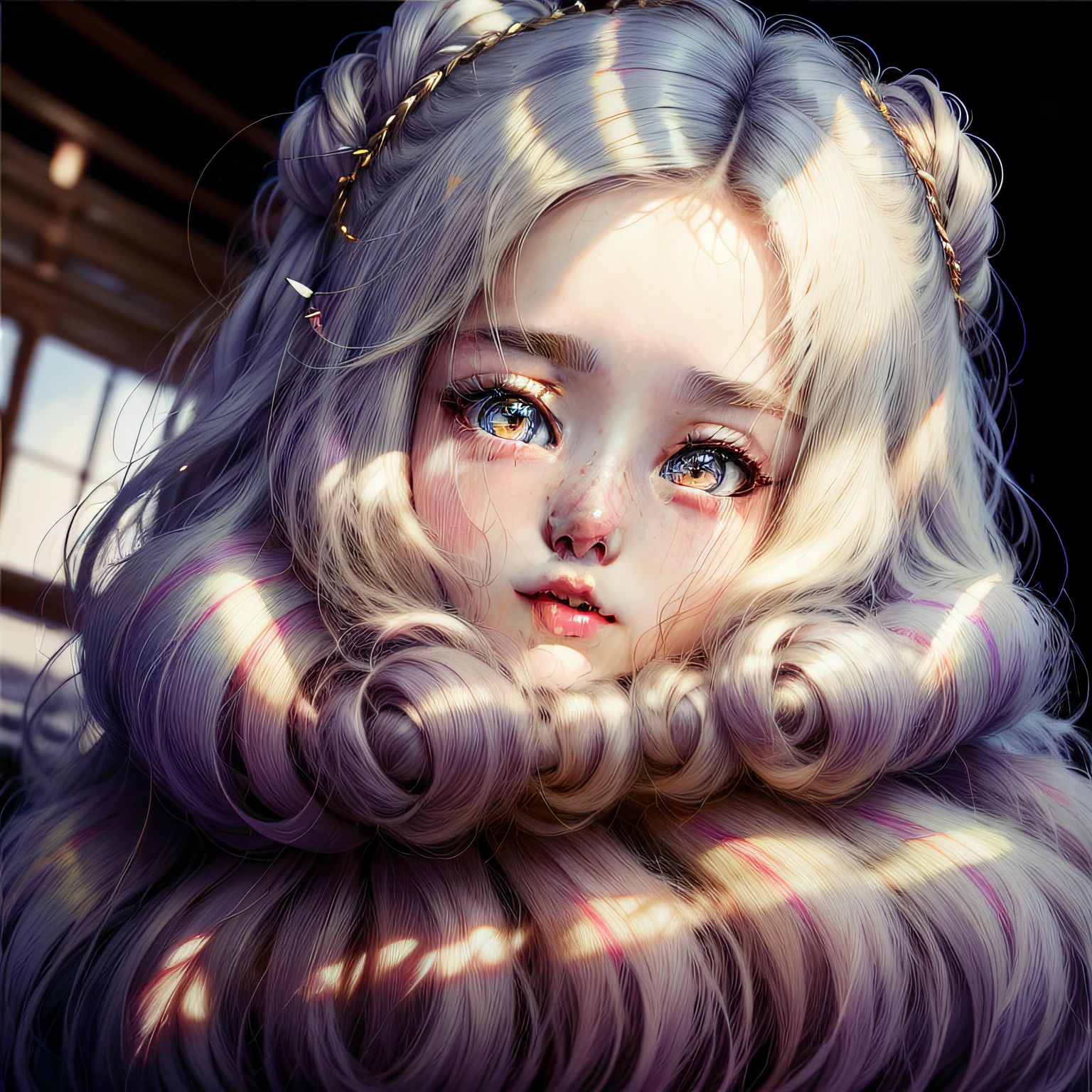 She is a -yeld gisurrounded by marshmallows,Fluffy rainbow-colored curls,messy hair,cute hairpin,Charming big eyes,二重まぶた,Long eyelashes,Xiao Run's lips,Exquisite facial features,Fine fine skin,wears a white dress,Slim waist,Ethereal tulle,Vintage photography,Cinematic style,Ultra photo realsisim,ultra - detailed,复杂,Asians,realisticlying,16k,the detail