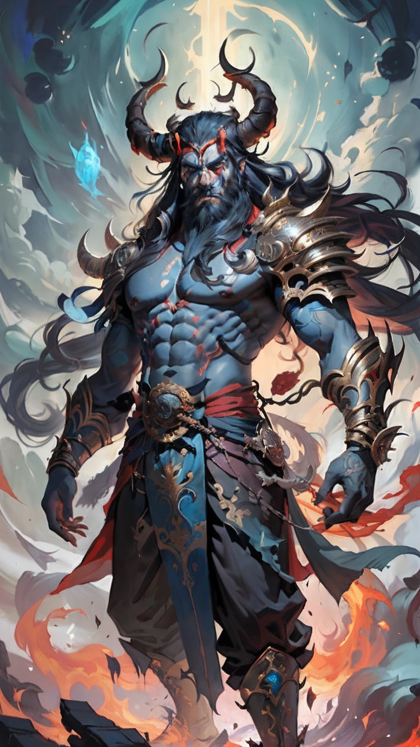 tmasterpiece，best qualtiy，超高分辨率，Detailed details，A picture of a man with a long beard and a beard on his head, red skin, concept art inspired by Li Kan, Artstation contest winner, fantasy art, djinn man male demon, male djinn man demon hybrid, djinn human hybrid, asura from chinese myth, man male demon, human male demon, demon male，详细的脸，mohrbacher，inspired by Shunkōsai Hokushū，in the artistic style of mohrbacher，，Inspired by Ryūkōsai Jokei，in style of peter mohrbacher