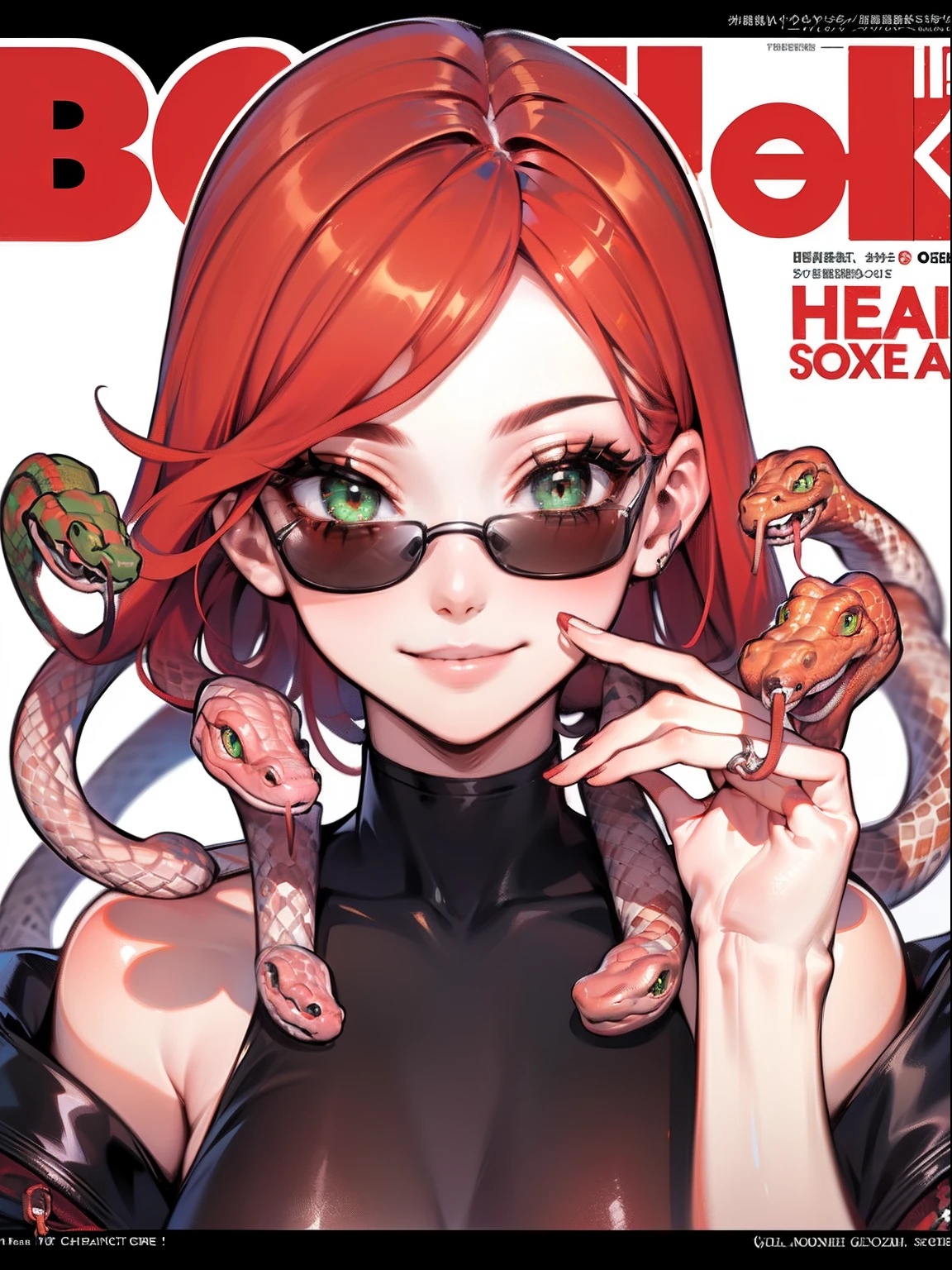 1girl,solo focus,(snake hair:1.2), red hairs,medium hairs, green eyes,snake eyes,sunglass, portrait,looking at viewer,smile,magazine cover