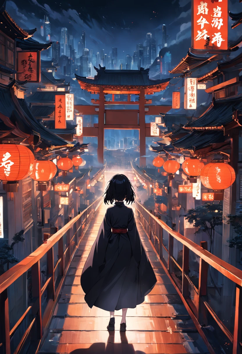 A male killer dressed in black，Standing on a bridge looking at a woman on another bridge，The woman wears a white Chinese outfit