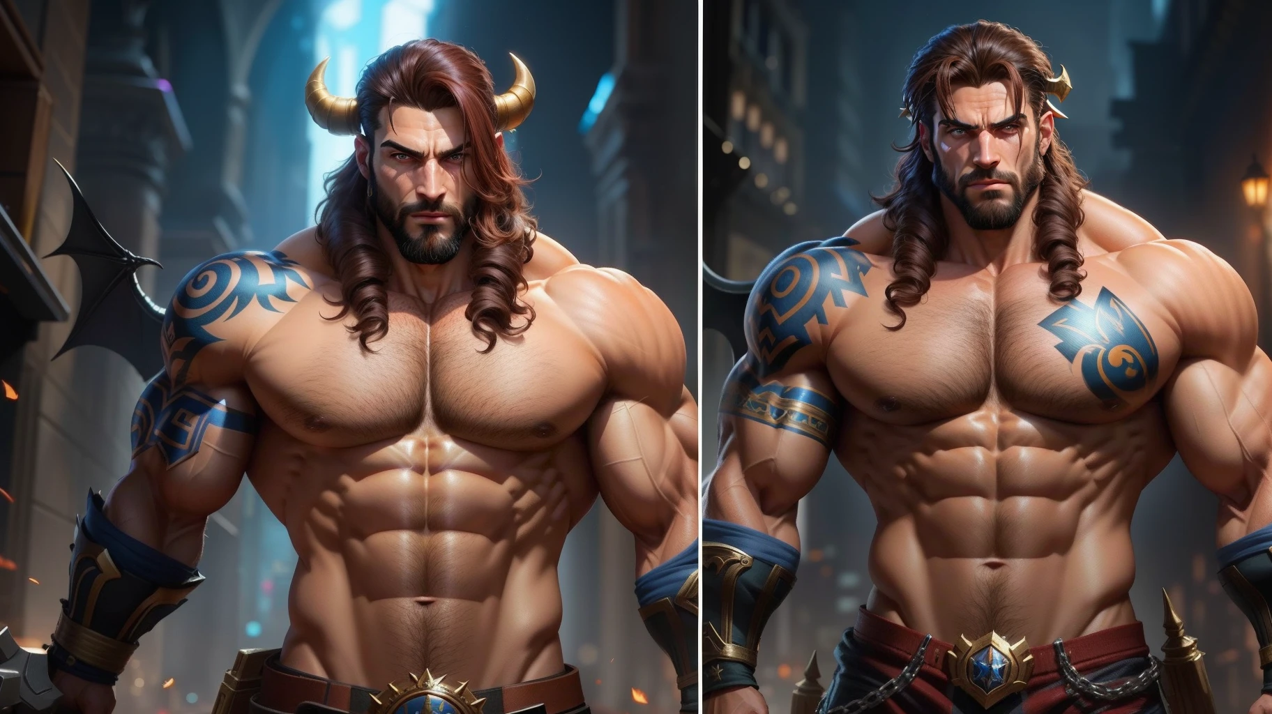 um close up de um homem com barba, arte do personagem do motor irreal, muscular character, Amazing 8K character concept art, caracteres musculares, Detalhes do caractere 8K, Artgerm ; motor 3d unreal, muscular male hero, personagem de fantasia hiperdetalhado, muscled humanoid balrog demon, 8 k uhd detalhes do caractere, duas swords,