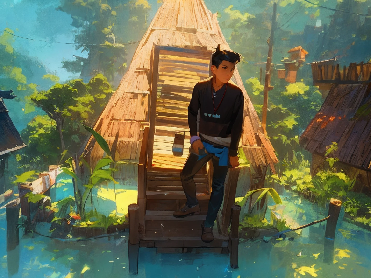 a man standing on a wooden platform in front of a hut, inspired by Jorge Jacinto, with a cool pose, very artistic pose, taken on go pro hero8, inspired by Willie Ito, full body photogenic shot, instagram post, zigor samaniego style, photoshot, stylish pose, posing!!, at instagram, joyful look, random artist