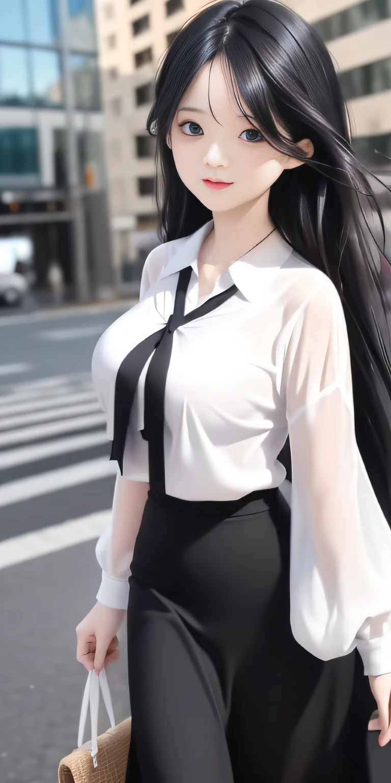 eBlue eyes, Flowing black hair, a white long skirt,, Raised sexy:1.2, The shirt, with dynamism, cheerful big breasts, self-assured, Large chest，Protruding chest