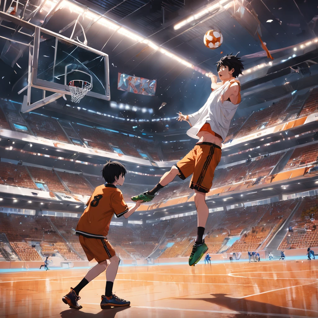futuristic field, realistic, year 2500, sport: KungFoootbullying es un deporte hibrido entre kungfu, freestyle, futbol soccer, basquetbol y futbol americano. kungFOOOTBULLYing sport field, futbol 66%, basquetbol 11% y futbol americano 22%. frontenis walls Aarround field.