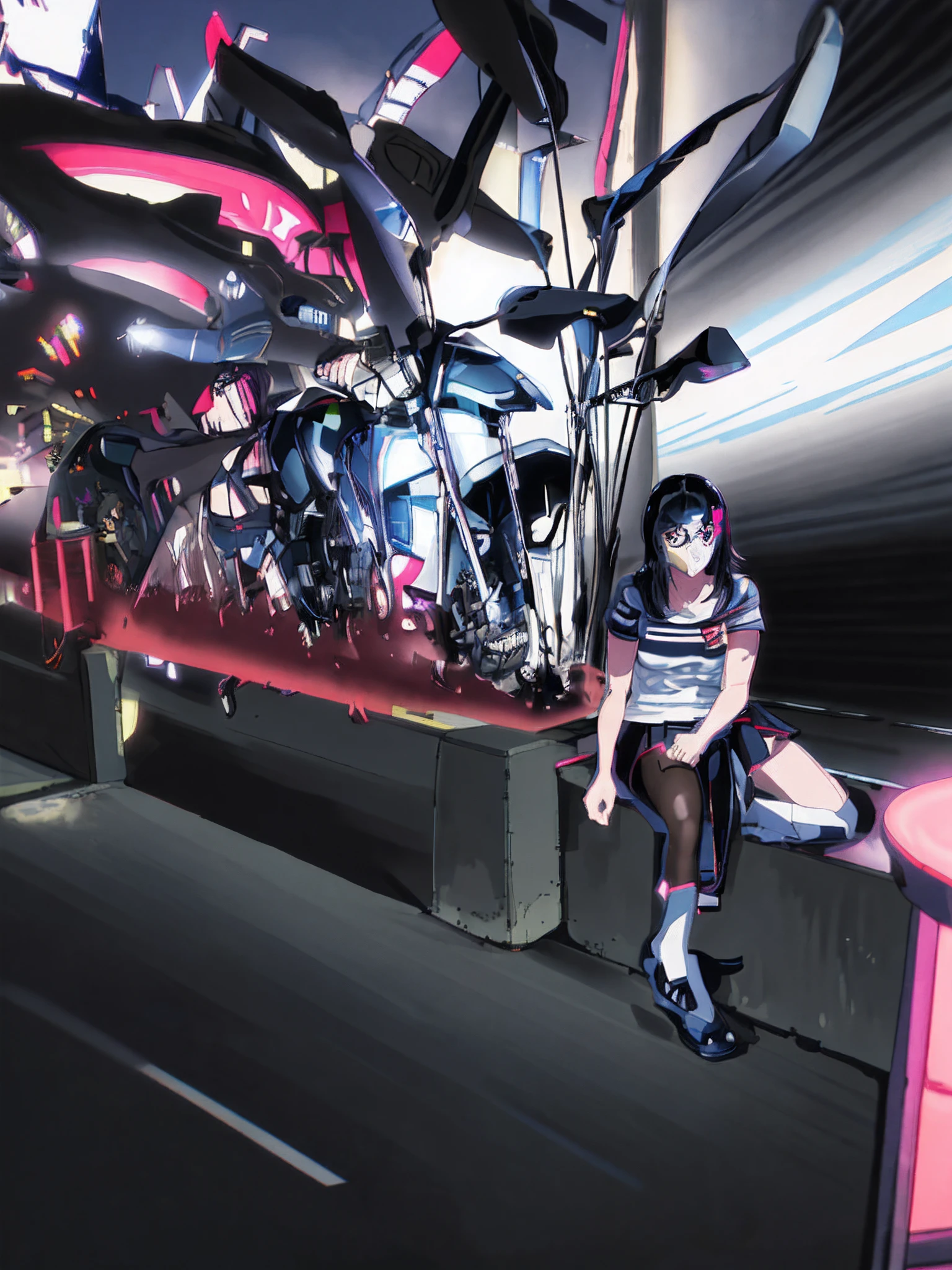 masterpiece, best quality, 1girl, solo, jacket, hand in pocket, school uniform, serafuku, thighhighs, school bag, black hair, black eyes, cyberpunk, street, machinery, motor vehicle, motorcycle, panorama, helmet, speed line, motion blur, depth of field, perspective, panorama, riding, floating hair, night, neon trim