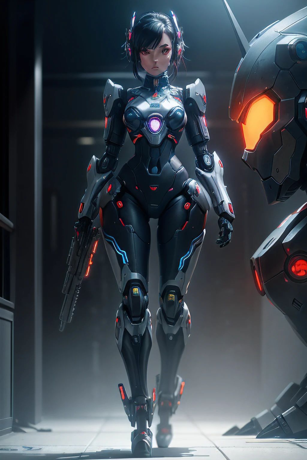 A close-up of a robot with glowing eyes and a gun, Beautiful robot character design, girl in mecha cyber armor, cyberpunk cyborg, metal and glowing eyes, female mecha, deep cyberpunk mechanoid, Cyberpunk cyborg, robot concept art, dominatrix assassin robot, Cute all-robot girl, futuristic robot devil, futuristic robotic, painterly humanoid mecha