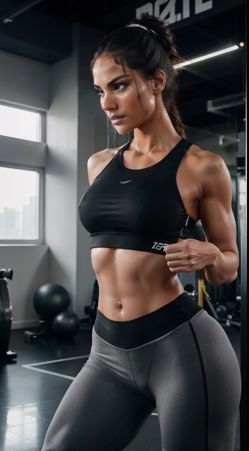 luxlana45274534563 is a model in a gym setting, actively engaged in a high-intensity workout, sweat glistening on skin to emphasize effort and endurance, wearing form-fitting, moisture-wicking activewear, gym equipment like weights or treadmills in the background, dramatic lighting with high contrast to accentuate muscle tone and movement, fast shutter speed to capture action without blur, aperture set to shallow depth of field to focus on model and blur out gym details, high-resolution for capturing sweat droplets and fabric textures, rule of thirds composition with model at an intersecting point, color palette of gym neutrals like grays and blacks punctuated by vibrant activewear colors, embodying the intensity, determination, and athleticism of modern fitness culture