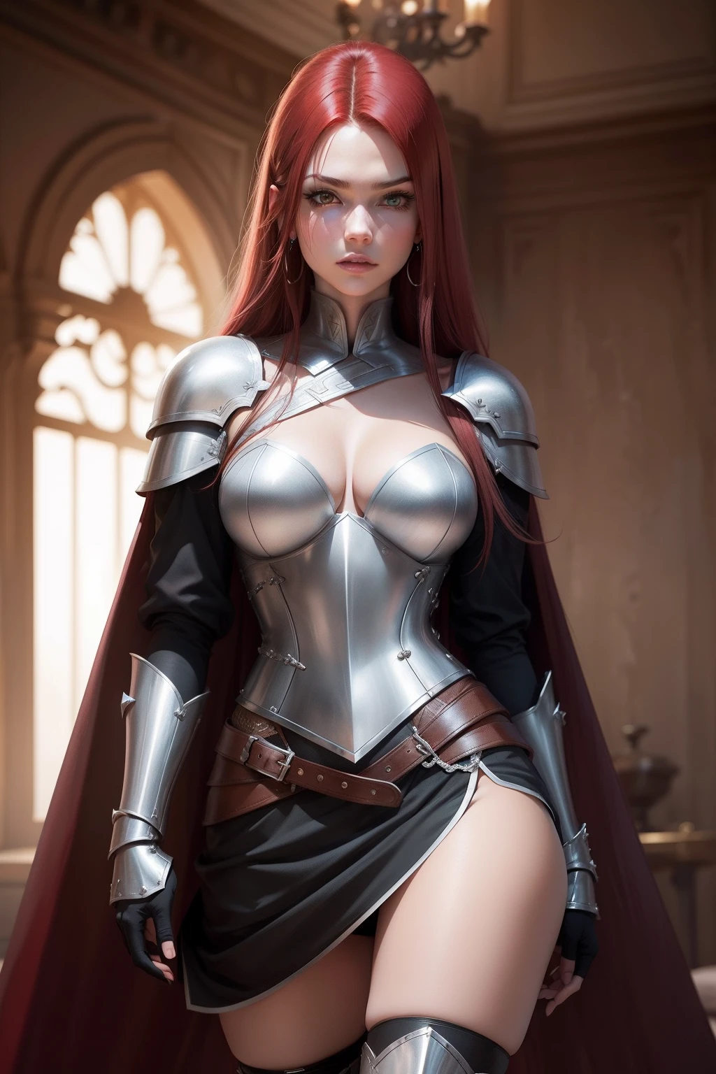 Erza Scarlet is one of the main characters in the series. The young woman with scarlet hair and brown eyes is described as an incredible woman, very strict and who does not admit when others make mistakes. She is a slender, elegant figure with well-designed curves. Her most common attire consists of custom-made armor, a blue skirt, black boots and diamond-shaped earrings, in high resolution, detailed, HD quality.