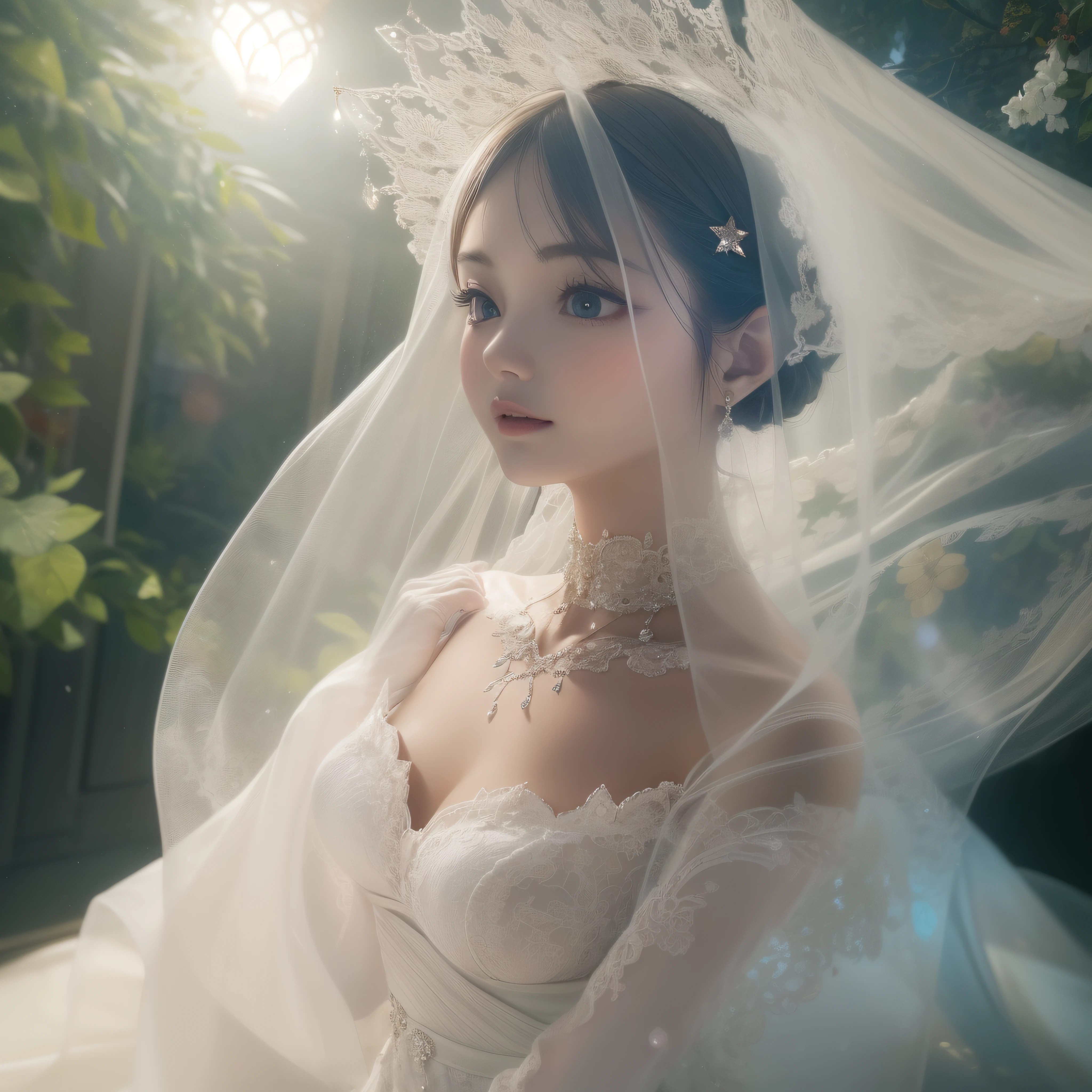 top angle、top angle、top angle、Gorgeous jeweled prom dresses、Gorgeous jeweled prom dresses、Gorgeous jeweled prom dresses、(realisitic、hight resolution)、(1 girl in)、Do-Up Eye、Korean Girl、(Best Quality), (masutepiece), (1girl in), Solo, a beauty girl, Perfect face, Big Breast,dreamlikeart、Highly detailed airbrush art((Surreal))、Volumetric lighting、(top-quality)、The ultra-detailliert、(The composition of the movement:1.4)、Highly detailed colorful details、(Bright lighting)、dynamic compositions、Ray traching、The mirror reflects light、Shallow depth of field、ultra-detailliert、mixing  exposure、nffsw、In a venue with a magnificent stage、A gorgeous wedding dress was floating in the air。The dress was like a dream.、It was as beautiful as if it had jumped out of a fairy tail.。The dress is rich lace and sparkly beads、Crystals、I felt the attention to detail。In the sunshine、The surface of the dress sparkles like a diamond、It was as if stardust was floating in the air。Every time the bride walks、The skirt part of the dress flutters in the wind、Its beautiful silhouette has spread。Supple fabrics sway like dancing in the air、There was a mysterious beauty in the air, as if it had been enchanted。Her hair is wavy、The veil was swinging gracefully。Transparent veil harmonizes with the dress、Spread to envelop her。It seemed as if there was a glowing drop of light dancing around her.、It was as if a fairy-like being surrounded her.。At that moment、The atmosphere in the hall was as if it was enveloped in magic.、It's like being in a dream、A mysterious space spreads out、The bride's wedding dress is floating in the air in that sense of unity.、It was a beautiful moment that everyone will remember for the rest of their lives。