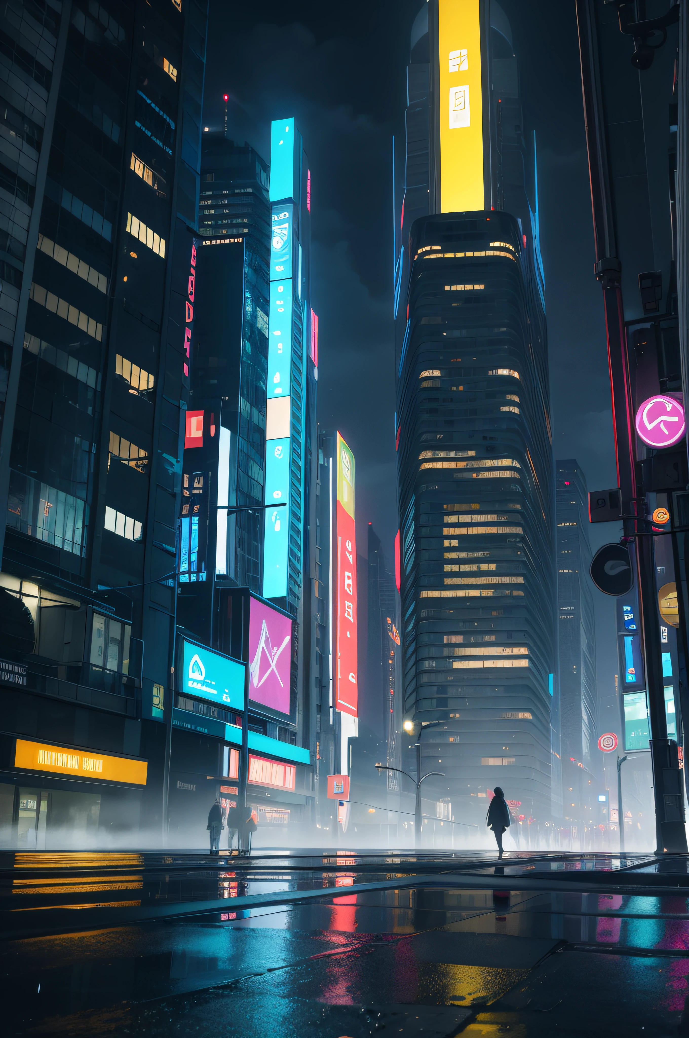 In a futuristic night, after a heavy rain, a street glows under the neon light that reflects in the puddles. The urban scene takes on a mysterious and charming touch, with tall, modern buildings that stand as pillars of a new era. The raindrops continue to fall gently, creating a melodic rhythm that echoes through the empty streets. City lights bounce off wet surfaces, creating a spectacle of vibrant colors and distorted reflections. Waves of mist hang in the air, enveloping the landscape in an ethereal veil. The environment takes on a futuristic atmosphere, where technology and nature meet clearly. Vertical gardens adorn the sides of buildings, bringing a touch of green and freshness to the urban landscape. The futuristic street exudes an atmosphere of endless possibilities. The brightly lit buildings and innovative architectural structures evoke a sense of progress and technological advancement. But even in this futuristic setting, the rain and night still convey a sense of familiarity and calm. In this nocturnal post-rain city, the imagination is free to roam and dream of a future where technology and nature coexist harmoniously, bringing a new era of beauty and enchantment to the neon-lit streets.