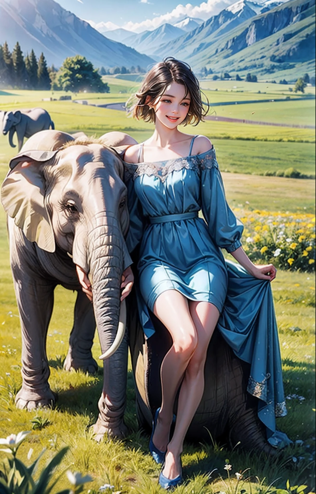 Best quality, 4k picture quality, 1girl, blue dress, fields, hilly terrain, big smiles. Short hair fluttering in the wind, healing smiles, close-ups, sitting in top of the elephant