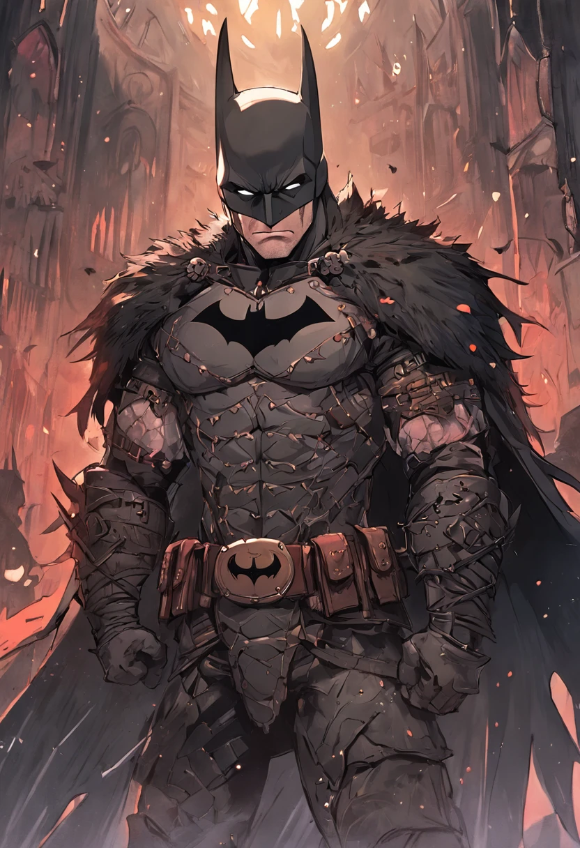 "Batman Viking com rosto do giurosa, Sorriso esquerdo, blood tears, sombrio, qualidade excepcional, multiple facial scars, Batman que ri, armadura viking das trevas, Gothic style."