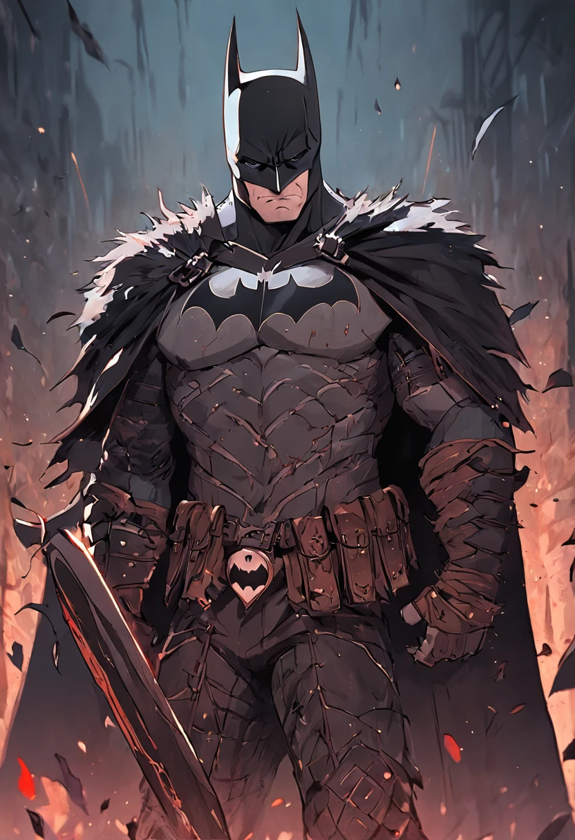 "Batman Viking com rosto do giurosa, Sorriso esquerdo, blood tears, sombrio, qualidade excepcional, multiple facial scars, Batman que ri, armadura viking das trevas, Gothic style."