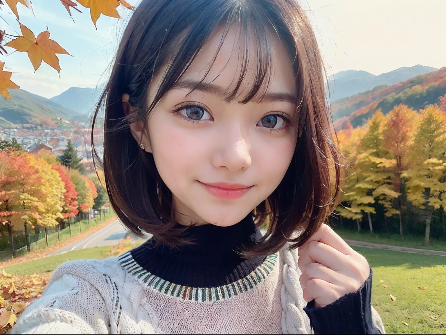 (Close up portrait of one girl with slender small breasts in colorful autumn shirt and sweater:1.5)、(Smiling girl with hair fluttering in the wind stands on the edge of the screen:1.3)、(Mountain background with wonderfully beautiful autumn leaves :1.3)、(Perfect Anatomy:1.3)、(complete hands:1.3)、(complete fingers:1.3)、Photorealsitic、Raw photography、masutepiece、top-quality、hight resolution、delicate and pretty、face perfect、Beautiful detailed eyes、Fair skin、Real Human Skin、pores、((thin legs))、(Dark hair)