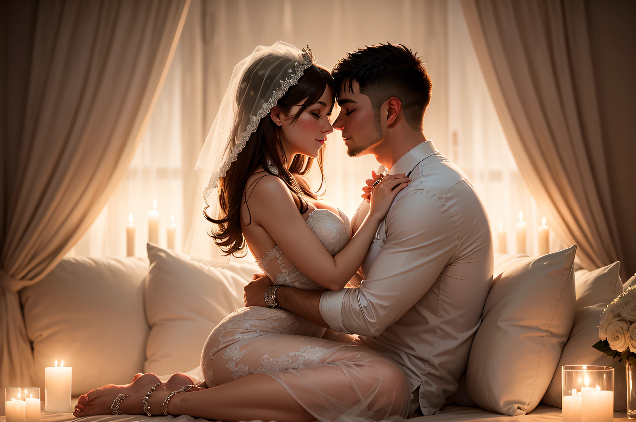 (a newlywed couple deeply in love)+(loving hug)+(intimate moment)+(romantic atmosphere)+(soft lighting)+(dreamy atmosphere)