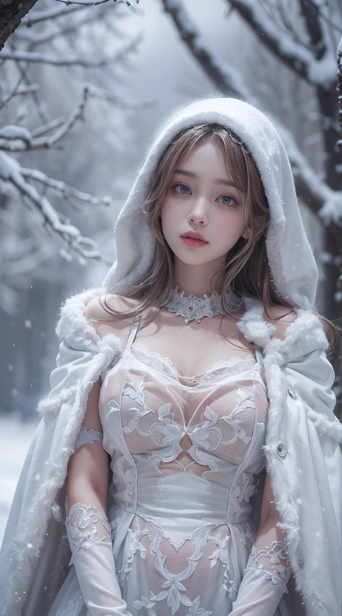 （8K， RAW photos， best qualtiy， tmasterpiece：1.2），（realisticlying， photograph realistic：1.4)，Hide your face with sadness，
Lolita costume，Lace， Aerith Gainsborough， The upper part of the body， undergarments，exposed bare shoulders， do lado de fora， (outside，Covered with snow，Cloak，) high high quality， Adobe Lightroom， highdetailskin， looking at viewert，