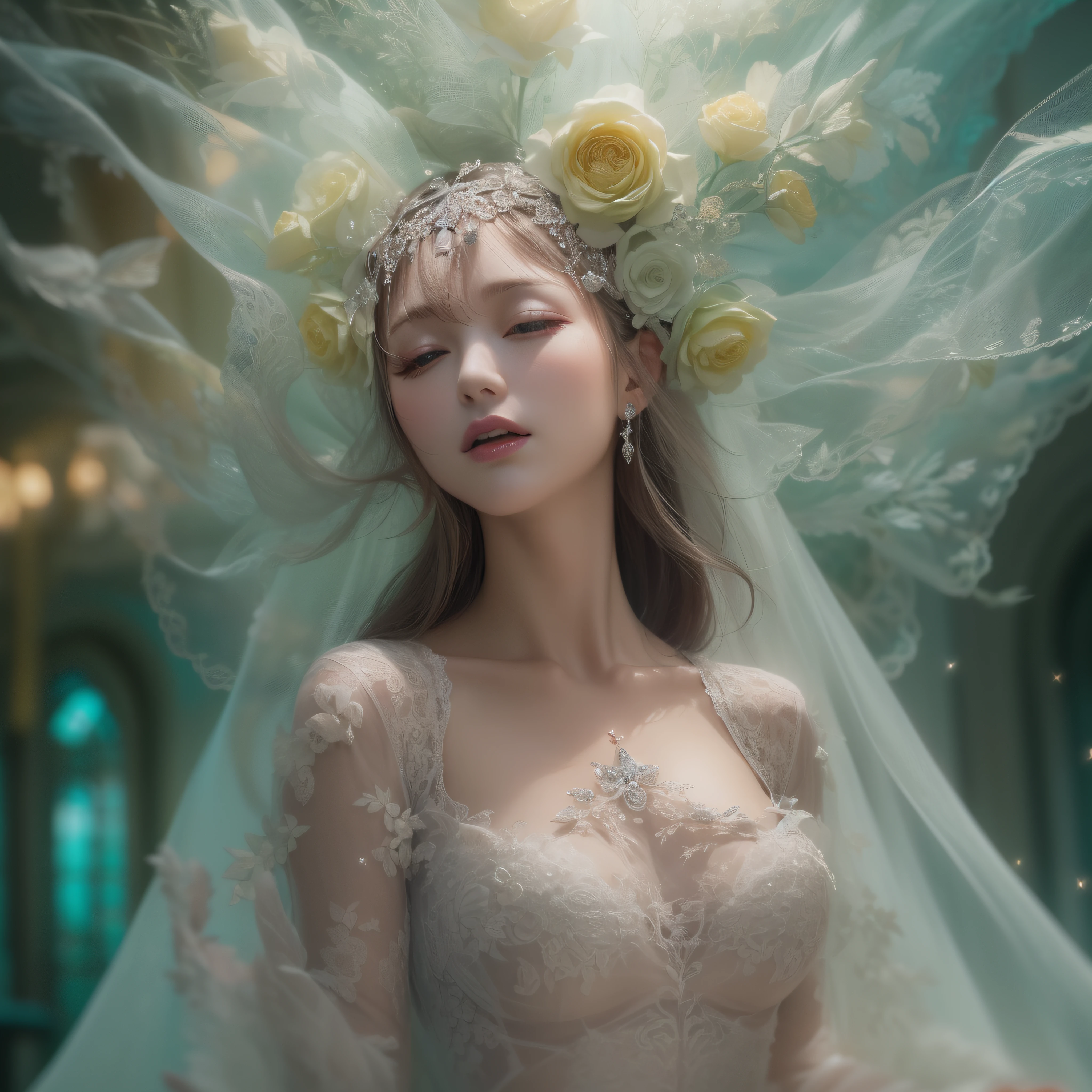 Gorgeous jeweled prom dresses、Gorgeous jeweled prom dresses、Gorgeous jeweled prom dresses、(​masterpiece、realisitic、hight resolution)、(1 girl in):1.2)、Do-Up Eye、Korean Girl、(Best Quality), (masutepiece), (1girl in), Solo, Beautiful Girl, Perfect face,  Big Breast,Swimsuit Costumes, Cool pose、dreamlikeart、Highly detailed airbrush art(((Surreal))、intricate detailes、Volumetric lighting、(​masterpiece:1.2)、(top-quality)、The ultra-detailliert、(The composition of the movement:1.4)、Highly detailed colorful details、(Irridescent color:1.2)、(Bright lighting、Atmospheric lighting)、dream-like、Magical、dynamic compositions、Ray traching、The mirror reflects light、Shallow depth of field、crazy detail details、ultra-detailliert、mixing  exposure、nffsw、Super masterpiece、In a venue with a magnificent stage、A gorgeous wedding dress was floating in the air。The dress was like a dream.、It was as beautiful as if it had jumped out of a fairy tail.。The dress is rich lace and sparkly beads、Crystals、I felt the attention to detail。In the sunshine、The surface of the dress sparkles like a diamond、It was as if stardust was floating in the air。Every time the bride walks、The skirt part of the dress flutters in the wind、Its beautiful silhouette has spread。Supple fabrics sway like dancing in the air、There was a mysterious beauty in the air, as if it had been enchanted。Her hair is wavy、The veil was swinging gracefully。Transparent veil harmonizes with the dress、Spread to envelop her。It seemed as if there was a glowing drop of light dancing around her.、It was as if a fairy-like being surrounded her.。At that moment、The atmosphere in the hall was as if it was enveloped in magic.、It's like being in a dream、A mysterious space spreads out、The bride's wedding dress is floating in the air in that sense of unity.、It was a beautiful moment that everyone will remember for the rest of their lives。
