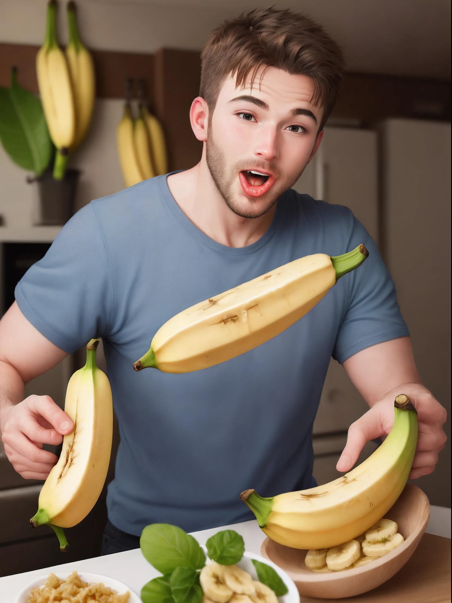 Attractive young man in boxers kneeling sucking a cucumber