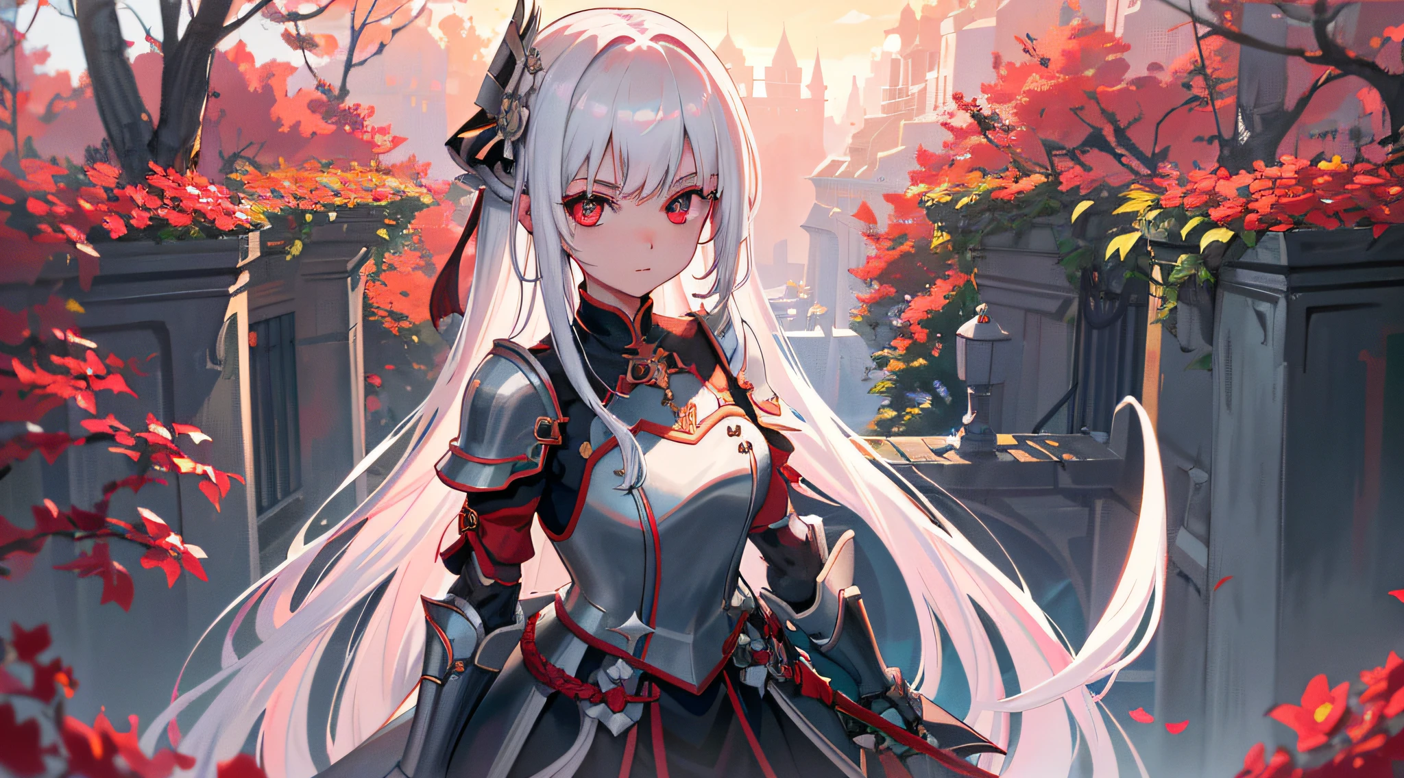 A girl,White hair and red eyes,long whitr hair,Original Character、fantasy concept art、Volumetriclighting、Best shadow、shallowdepthoffield、Portrait of a noble knight、Dignified、Sophisticated tactical heavy armor、Tassel waistband、Hand Guard、Pauline、High quality armor texture,sword sheath,Stand up,arms folded,Gaze towards the viewer,Dazzling sunlight,Rose garden,Rose thorn shrub,(HighestQuali,astonishing detail:1.25),(独奏:1.3),Brilliant and colorful paintings