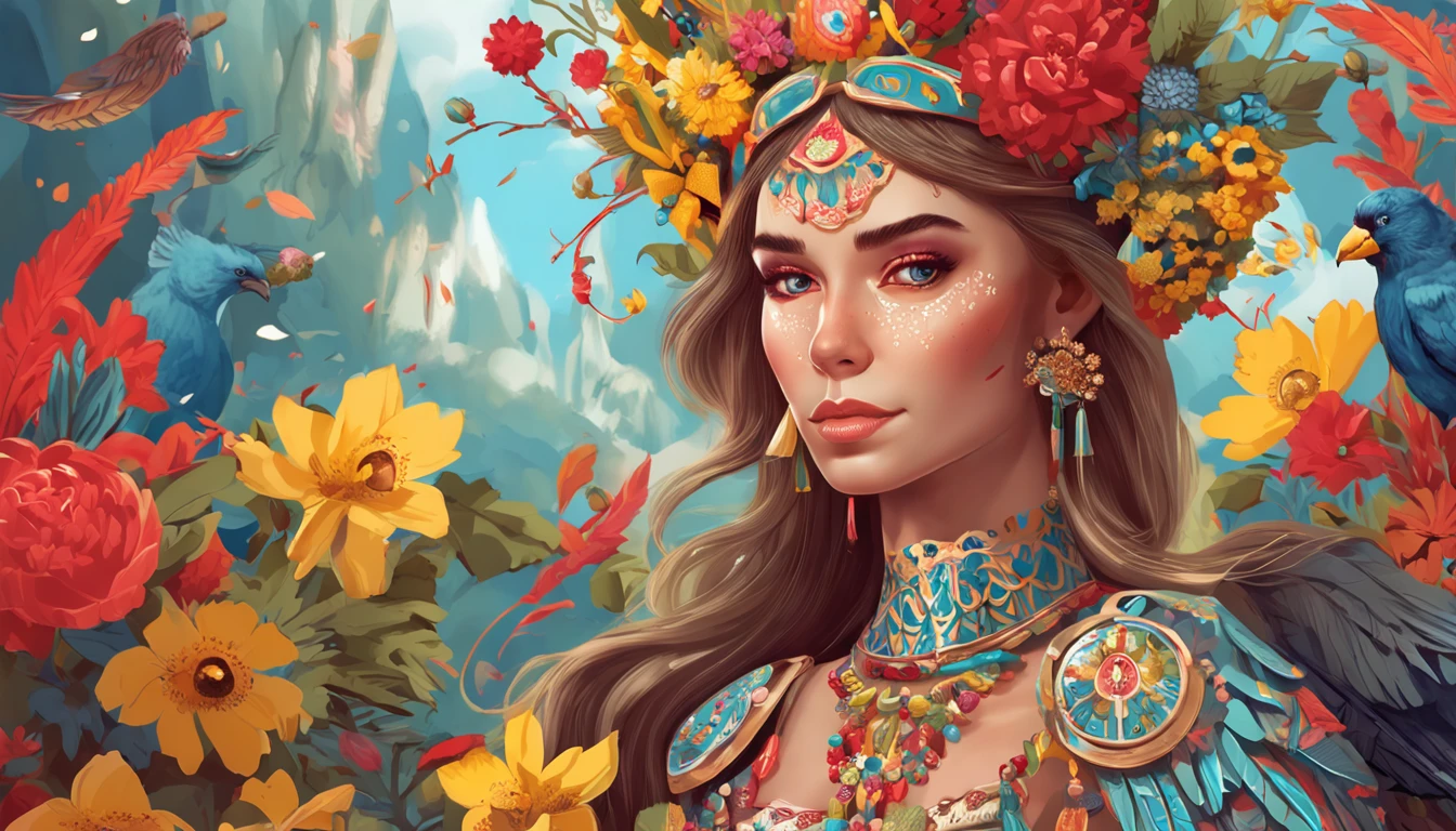 Full-length view, stunning beautiful model, bright colors with shield Ukrainian vyshyvanka, hyper-detailed eyes and face, extreme angle, perfect make-up. the ornament red white khaki, wreath of viburnum sunflower and wild flowers illustrations are characterized by a distinct combination of whimsical elements with darker shades and yellow-blue hints of bright colors, with predominantly female characters in a stylized form with elongated limbs, the work is very detailed and uses a bold color palette, combining natural and fantasy elements, giving the characters a sense of an otherworldly, dreamlike quality that captures the imagination and emotions of viewers.background pink nebula
