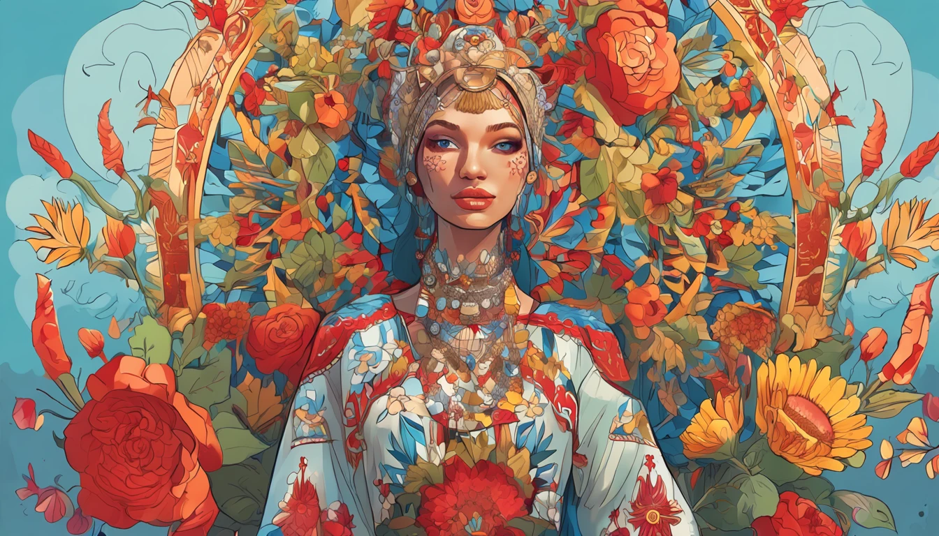 Full-length view, stunning beautiful model, bright colors with shield  Ukrainian vyshyvanka, hyper-detailed eyes and face, extreme angle, perfect make-up. the ornament red white khaki, wreath of viburnum sunflower and wild flowers illustrations are characterized by a distinct combination of whimsical elements with darker shades and yellow-blue hints of bright colors, with predominantly female characters in a stylized form with elongated limbs, the work is very detailed and uses a bold color palette, combining natural and fantasy elements, giving the characters a sense of an otherworldly, dreamlike quality that captures the imagination and emotions of viewers.background pink nebula