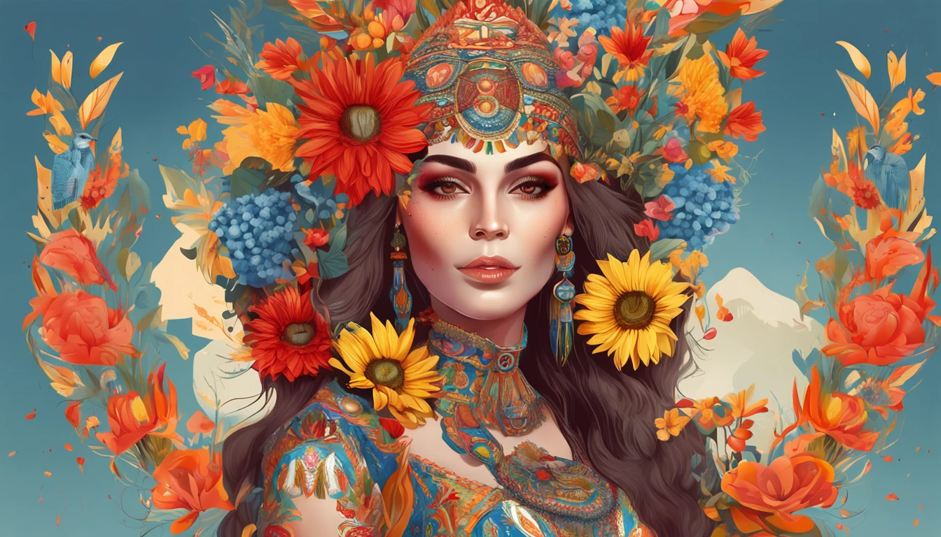Full-length view, stunning beautiful model, bright colors with shield Ukrainian vyshyvanka, hyper-detailed eyes and face, extreme angle, perfect make-up. the ornament red white khaki, wreath of viburnum sunflower and wild flowers illustrations are characterized by a distinct combination of whimsical elements with darker shades and yellow-blue hints of bright colors, with predominantly female characters in a stylized form with elongated limbs, the work is very detailed and uses a bold color palette, combining natural and fantasy elements, giving the characters a sense of an otherworldly, dreamlike quality that captures the imagination and emotions of viewers.background pink nebula