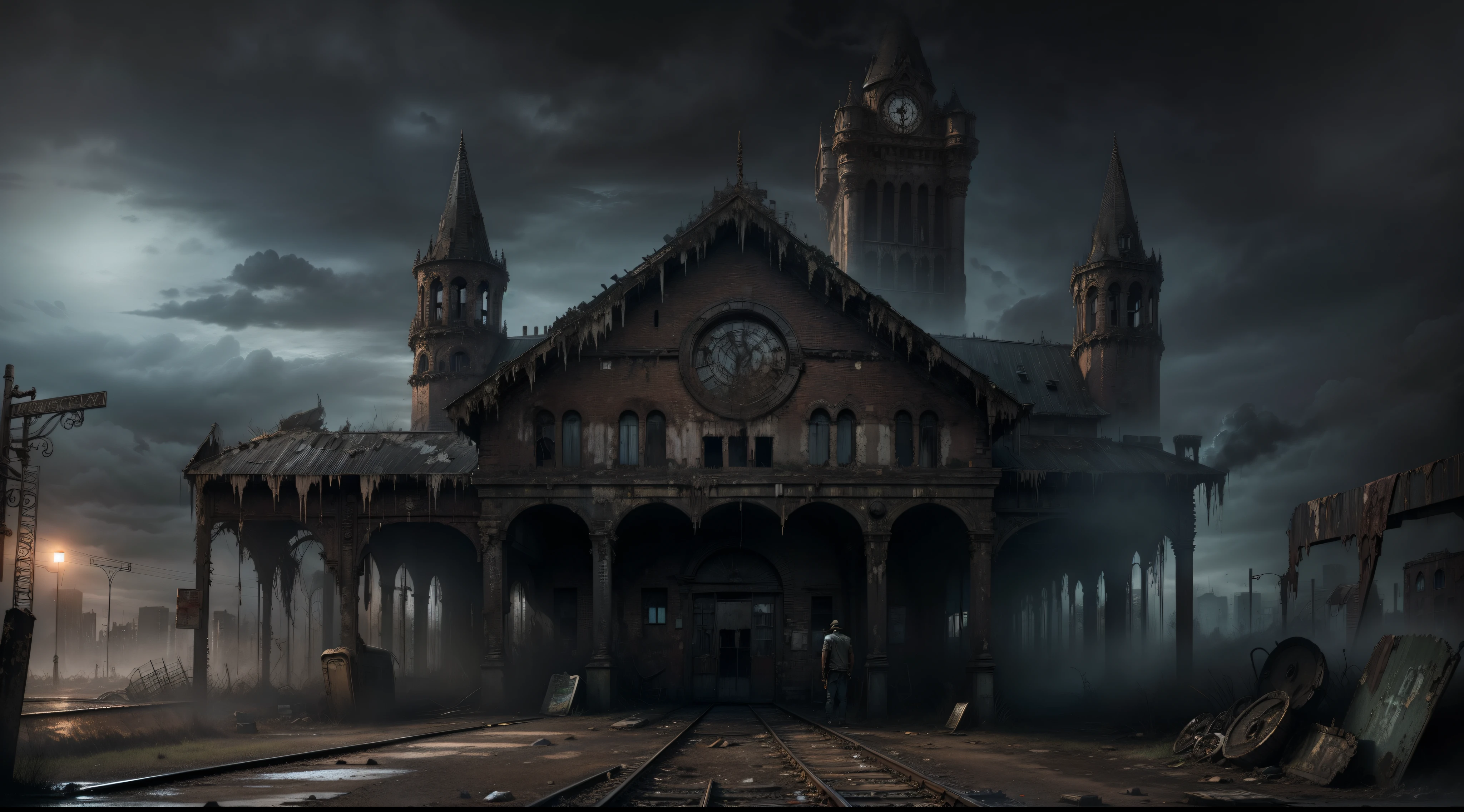 Ruined train station, decaying, broken trains, Dark clouds, Night, Monsters lurking, Standing alone in the dark