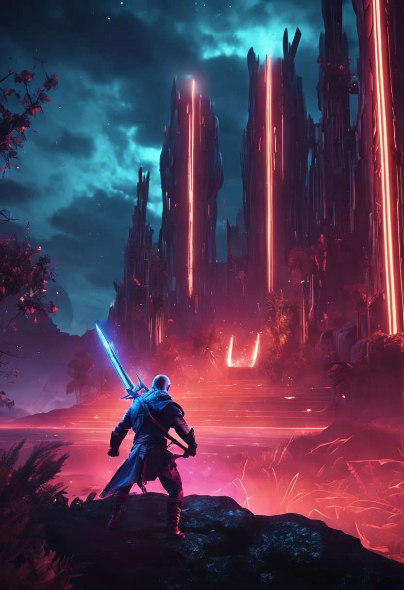 imagine a great sword, blue neon effects, dark theme, 4k, high quality, high details, mmo rpg style