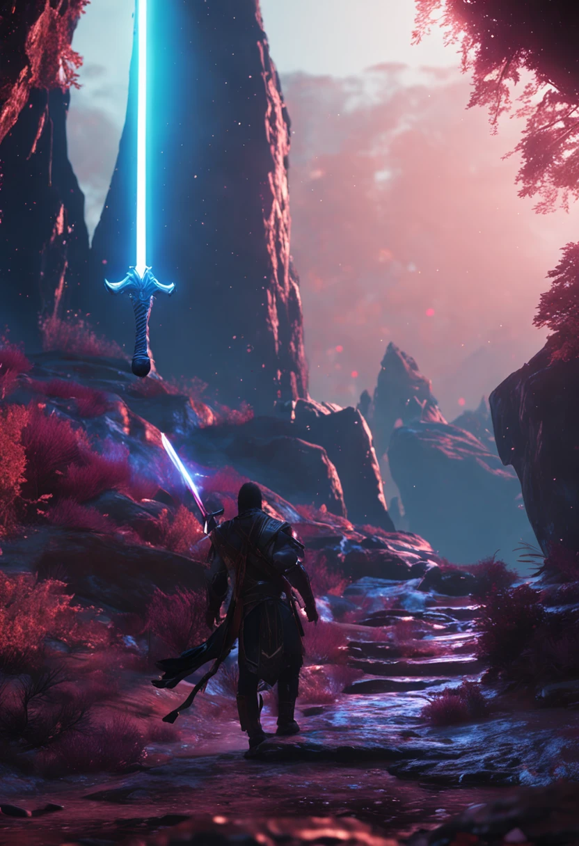 imagine a great sword, blue neon effects, dark theme, 4k, high quality, high details, mmo rpg style