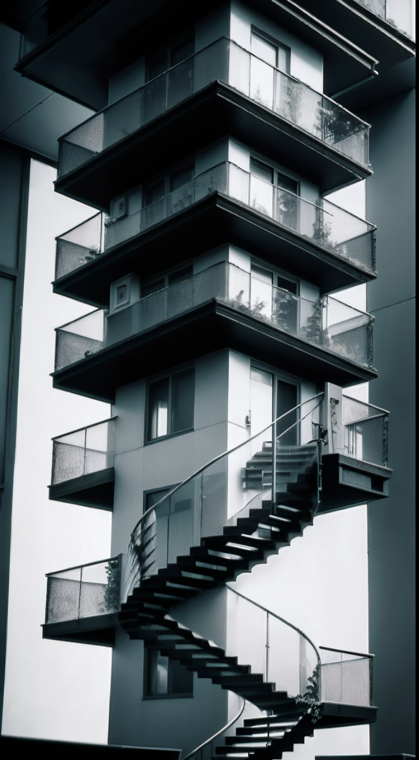 black andwhite, 60s style view of a three-story cube building in a Swiss forest, With a metal spiral staircase leading to the top floor, Surrounded by lush vegetation, Illuminated by cloudy days