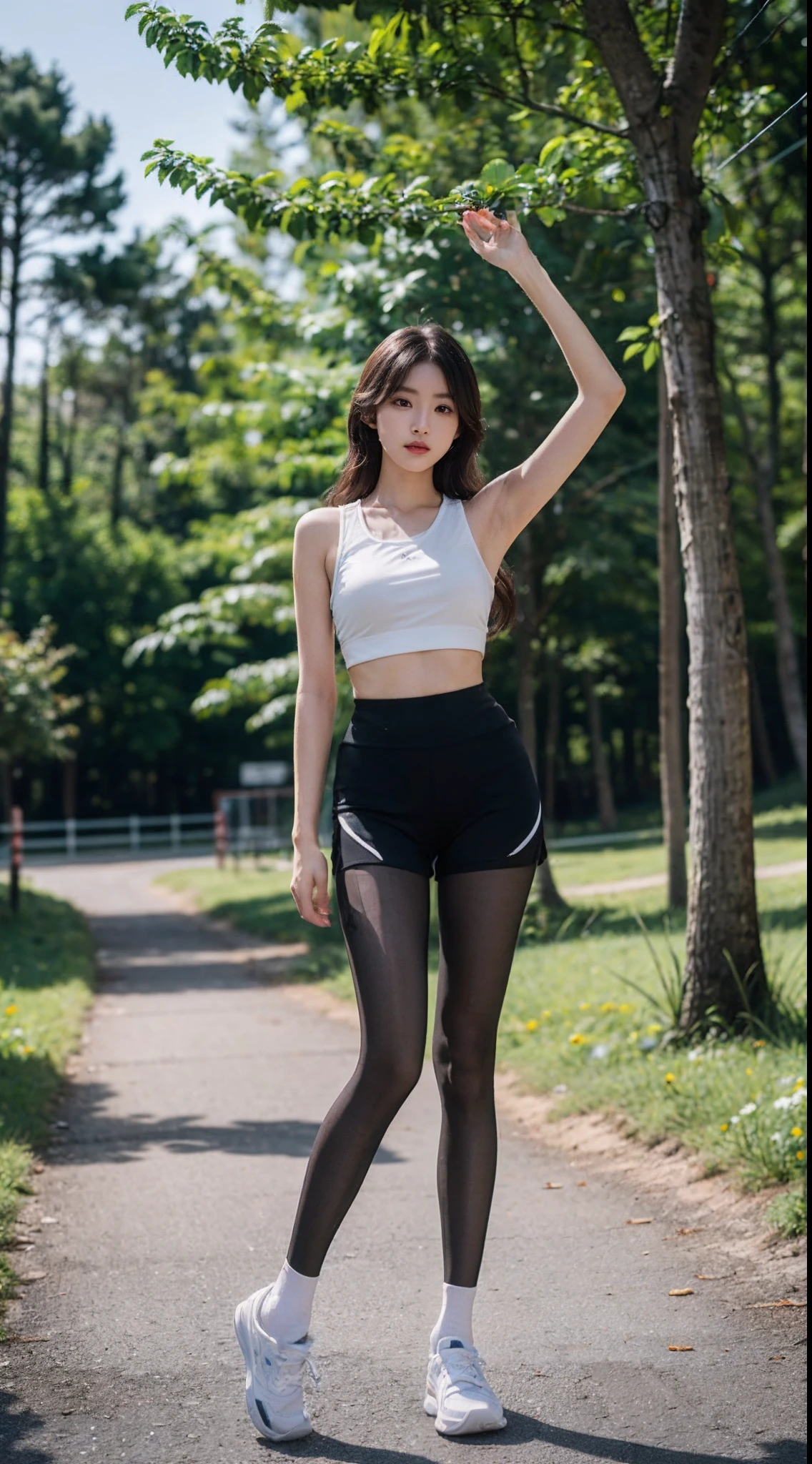 (8K,tmasterpiece,RAW photos,best qualtiy,the detail:1.2),Korean female model,Height 175 cm,perfect bodies,Long legs,wavy and long hair,Wear a gym top and yoga shorts,at a forest,((Pantyhose)),(Wearing sneakers+White sport socks),Ray tracing