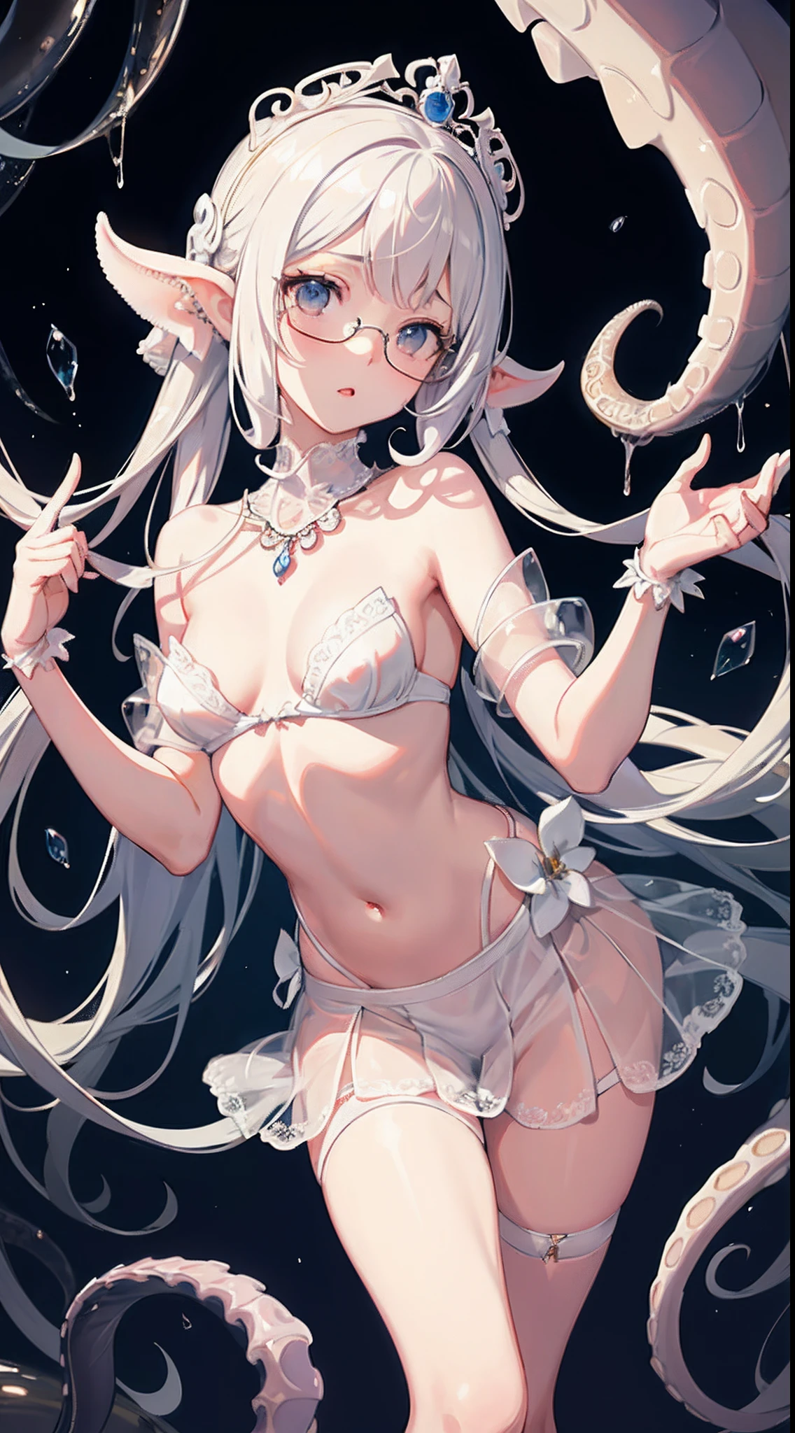 Princess、Delicate lace bra、((tiarra))、((Shining Necklace))、white and long gloves、White bra、Fluttering the chest、(White liquid)、、finely detail。tentaculata、tentacles around、Wrapped around black tentacles、((Some tentacles are touching her))、gigantic oily tentacles and eyes、many suckered tentacles、1girl in, ((top-quality)), handdraw, gorgeous woman, Beautiful Art, masterpiece, (masterpiece),best qualtiy、masterpiece、girl with、A dark-haired、Black eyes、((The background is a cave))、Torchlight、(((tentaculata)))、sixteen years old、Sheer white skirt、Lace skirt、Tears、droolng、(eye glass), small tits