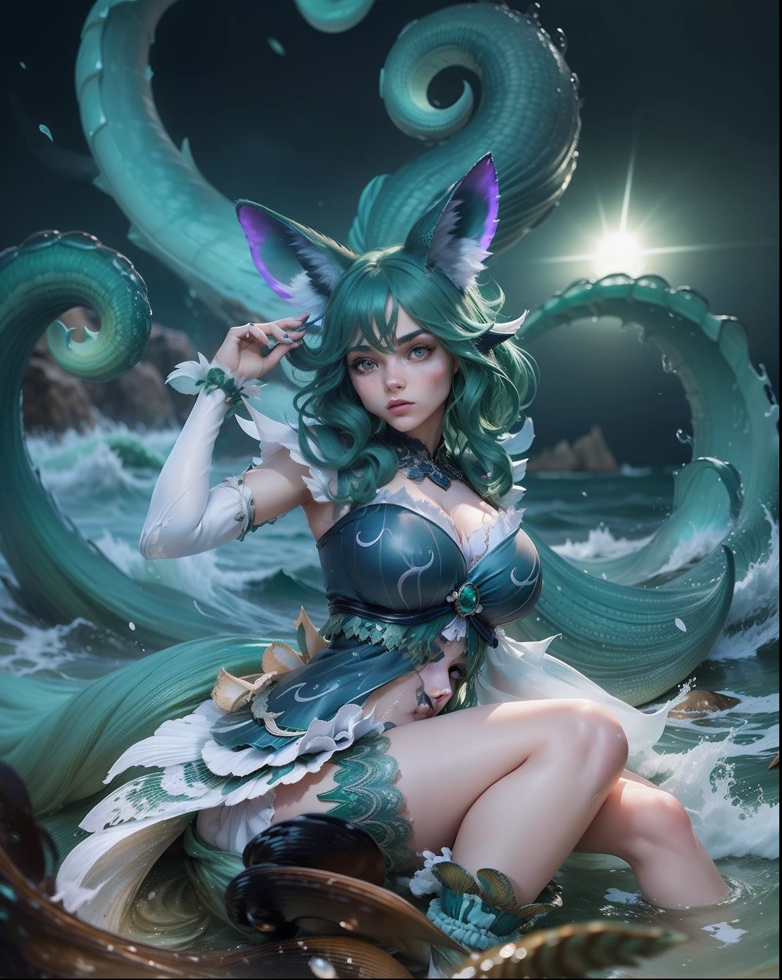 Female, beautiful, green hair,Wearing clothes made of shells and fish fins,Big green tentacles,Fox ears, stormy sea background, magic, realistic ultra detail, perfect face,perfect eyes,white skin,8k, ultra HDR, photography,Not using cloth, just using a clamshell bra, best quality,Sea monsters, sirens