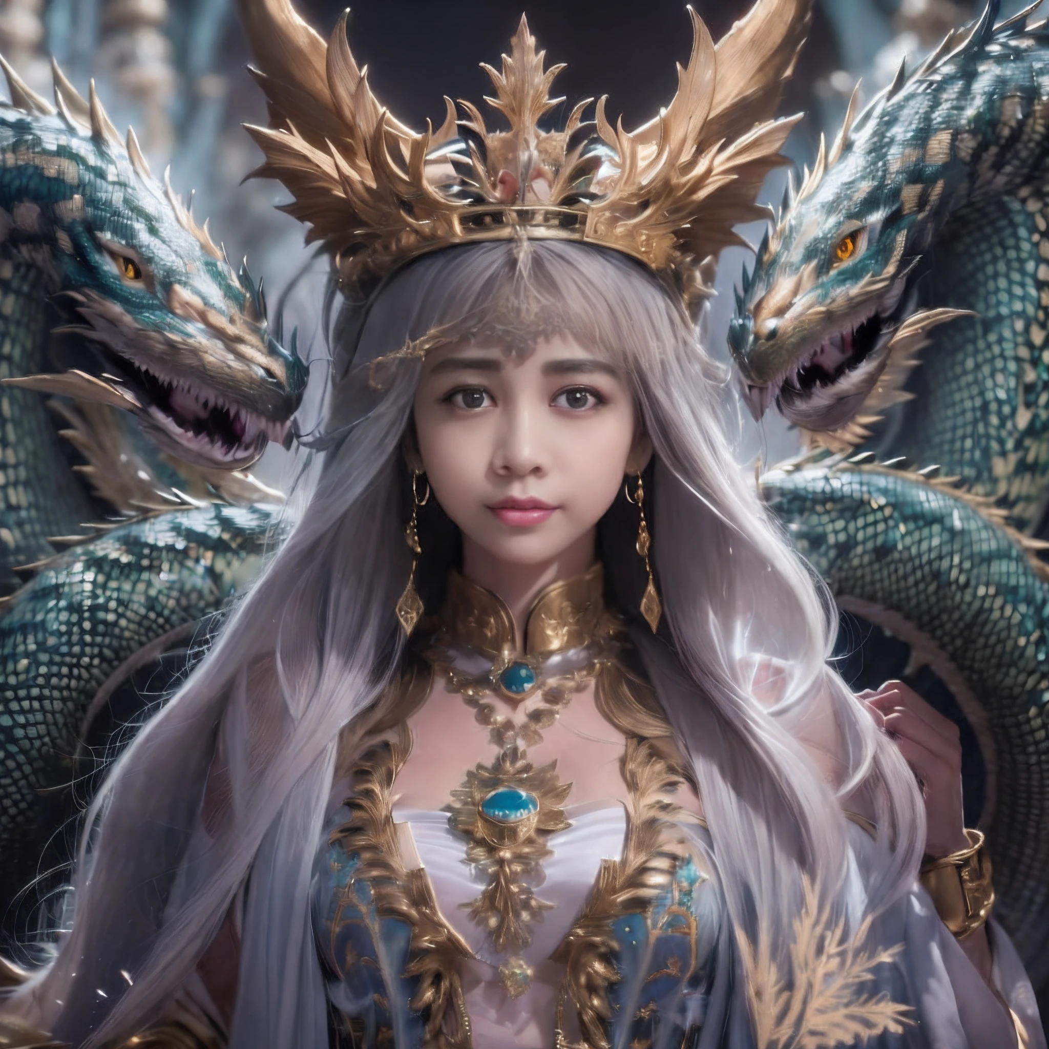 a close up of a woman with a dragon headdress and a dragon, a beautiful fantasy empress, queen of dragons, ornate cosplay, the dragon girl portrait, fantasy art style, ((a beautiful fantasy empress)), ross tran 8 k, xianxia fantasy, epic fantasy art style, chinese fantasy, dragon queen, fanart best artstation, loong