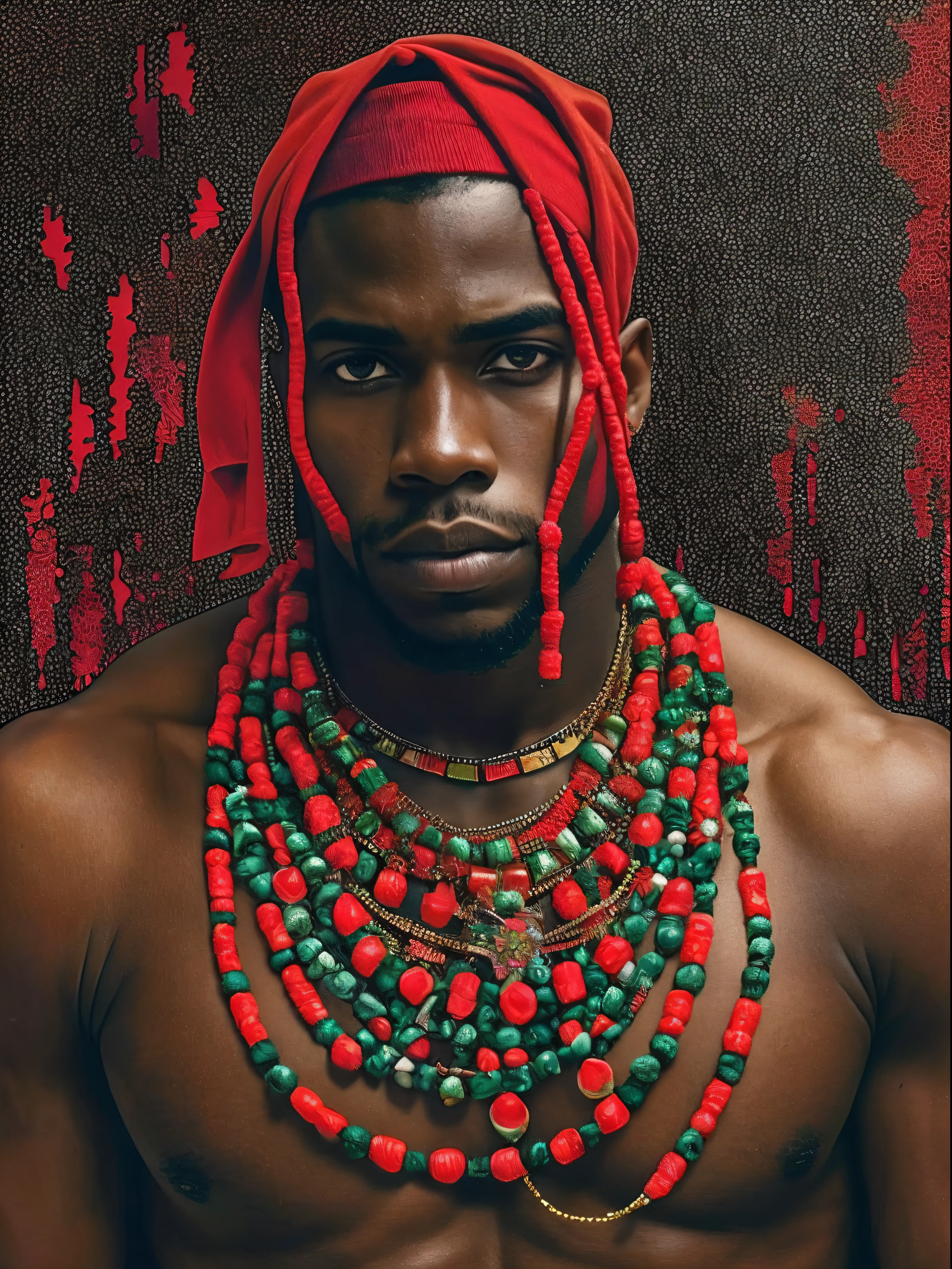 A strong black man with a dropped tip cap half red and half black, sem camisa, usando um saiote nas cores preta e vermelha, bare-legged, em uma dasaos um pequeno tridente e na outra um falo, His chest is covered with threads with beads in the colors red and black and another necklace of conch shells, Ao fundo, uma extensa estrada de terra.