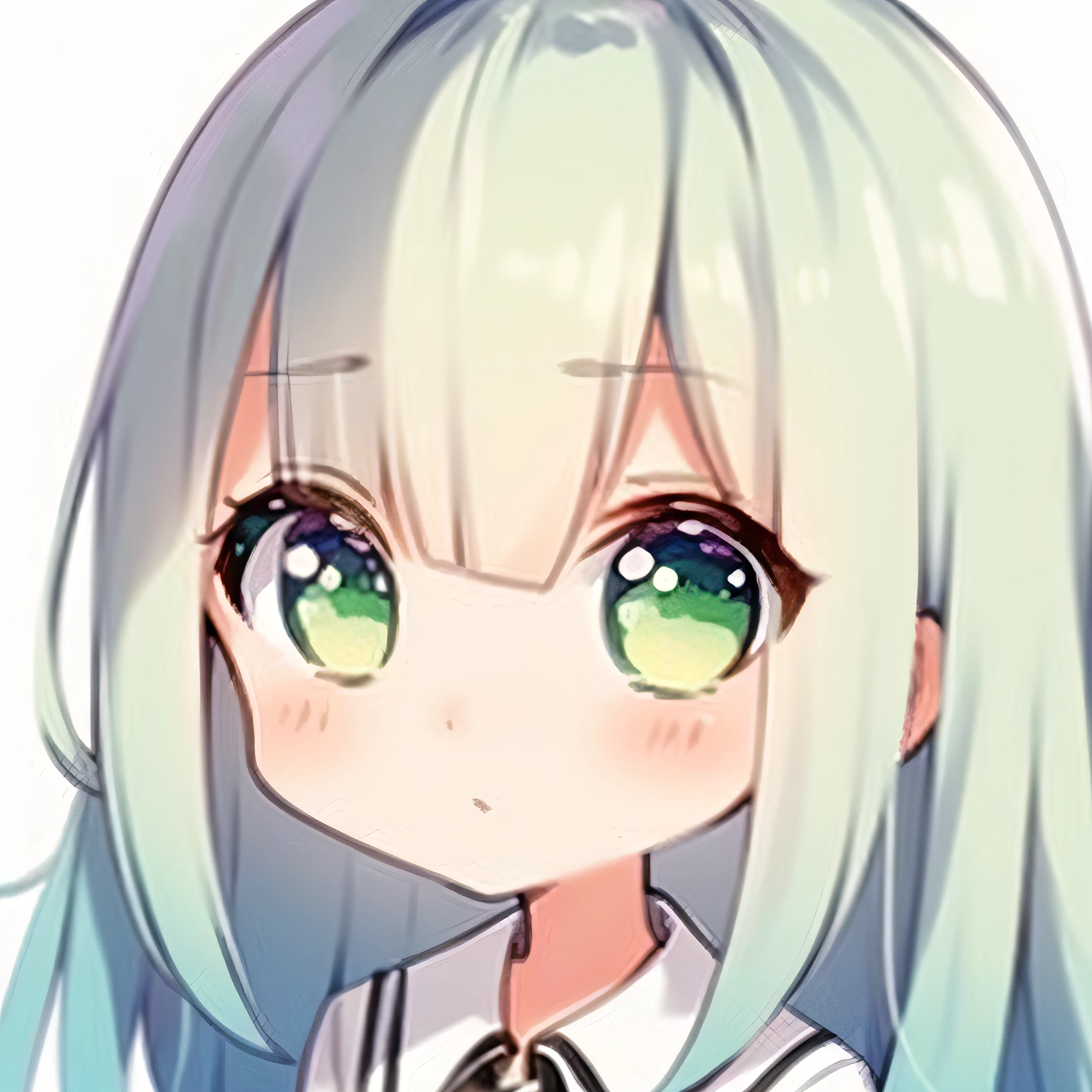 solo, 1 girl, looking at viewer, blunt bangs, white background, simple background, white hair, green gradient hair, short sleeves, watercolor pencil, expressionless, blush, virtual youtuber