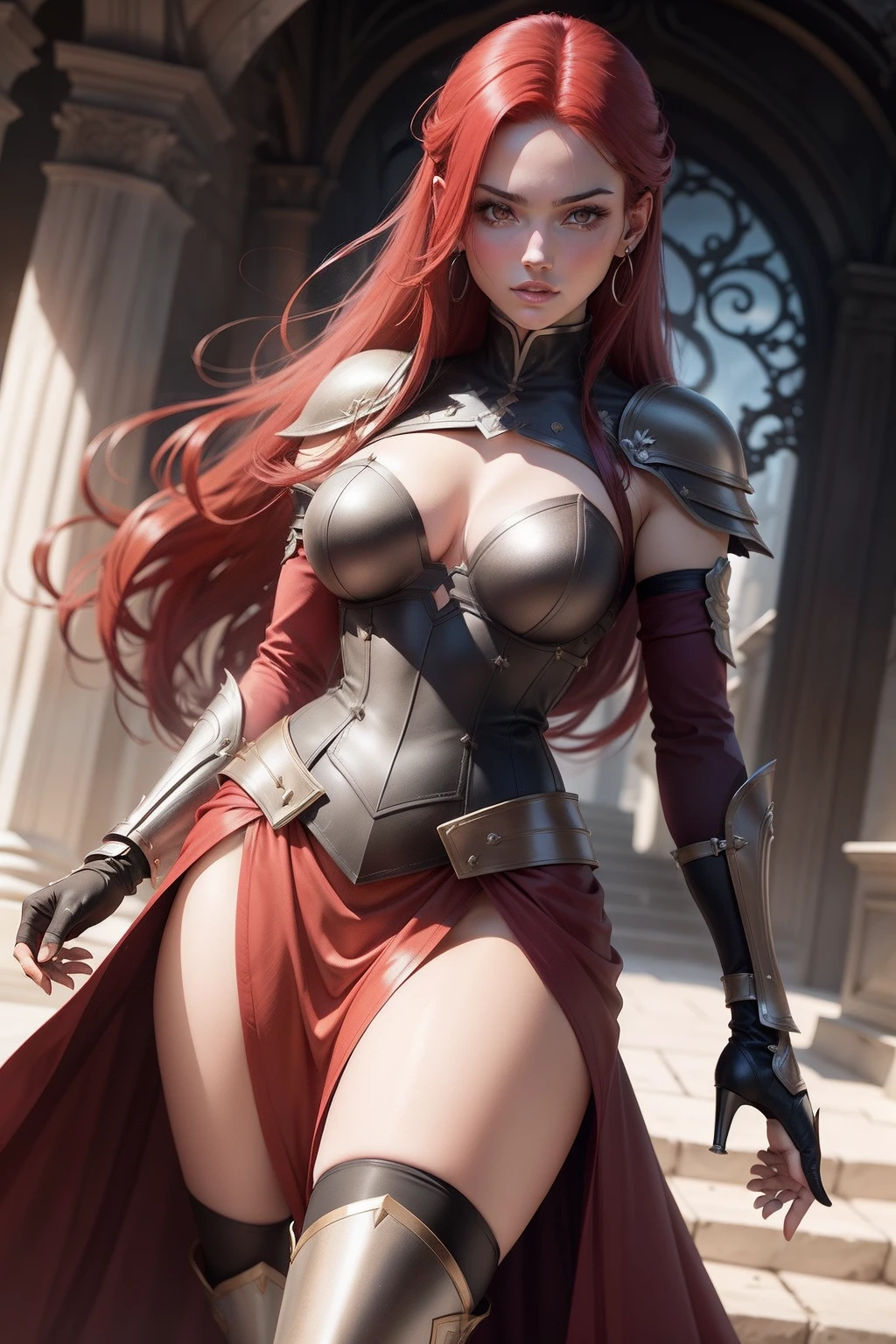 Erza Scarlet is one of the main characters in the series. The young woman with scarlet hair and brown eyes is described as an incredible woman, very strict and who does not admit when others make mistakes. She is a slender, elegant figure with well-designed curves. Her most common attire consists of custom-made armor, a blue skirt, black boots and diamond-shaped earrings, in high resolution, detailed, HD quality.