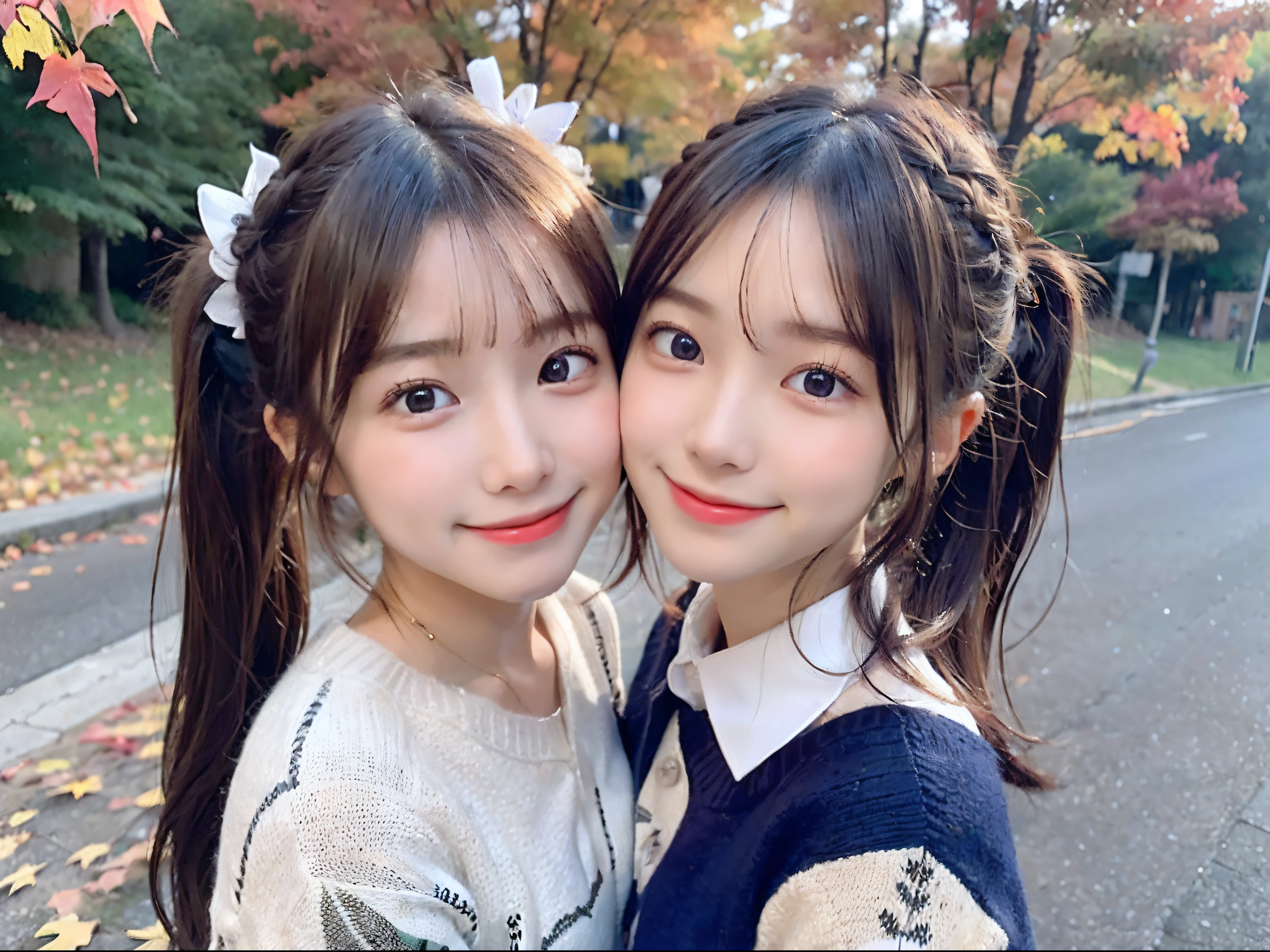 (Close up portrait of one girl with slender small breasts with twin-tailed hair in colorful autumn shirt and sweater:1.5)、(Girl standing on edge of screen smiling with open arms:1.3)、(Beautiful autumn foliage background :1.3)、(Perfect Anatomy:1.3)、(complete hands:1.3)、(complete fingers:1.3)、Photorealsitic、Raw photography、masutepiece、top-quality、hight resolution、delicate and pretty、face perfect、Beautiful detailed eyes、Fair skin、Real Human Skin、pores、((thin legs))、(Dark hair)