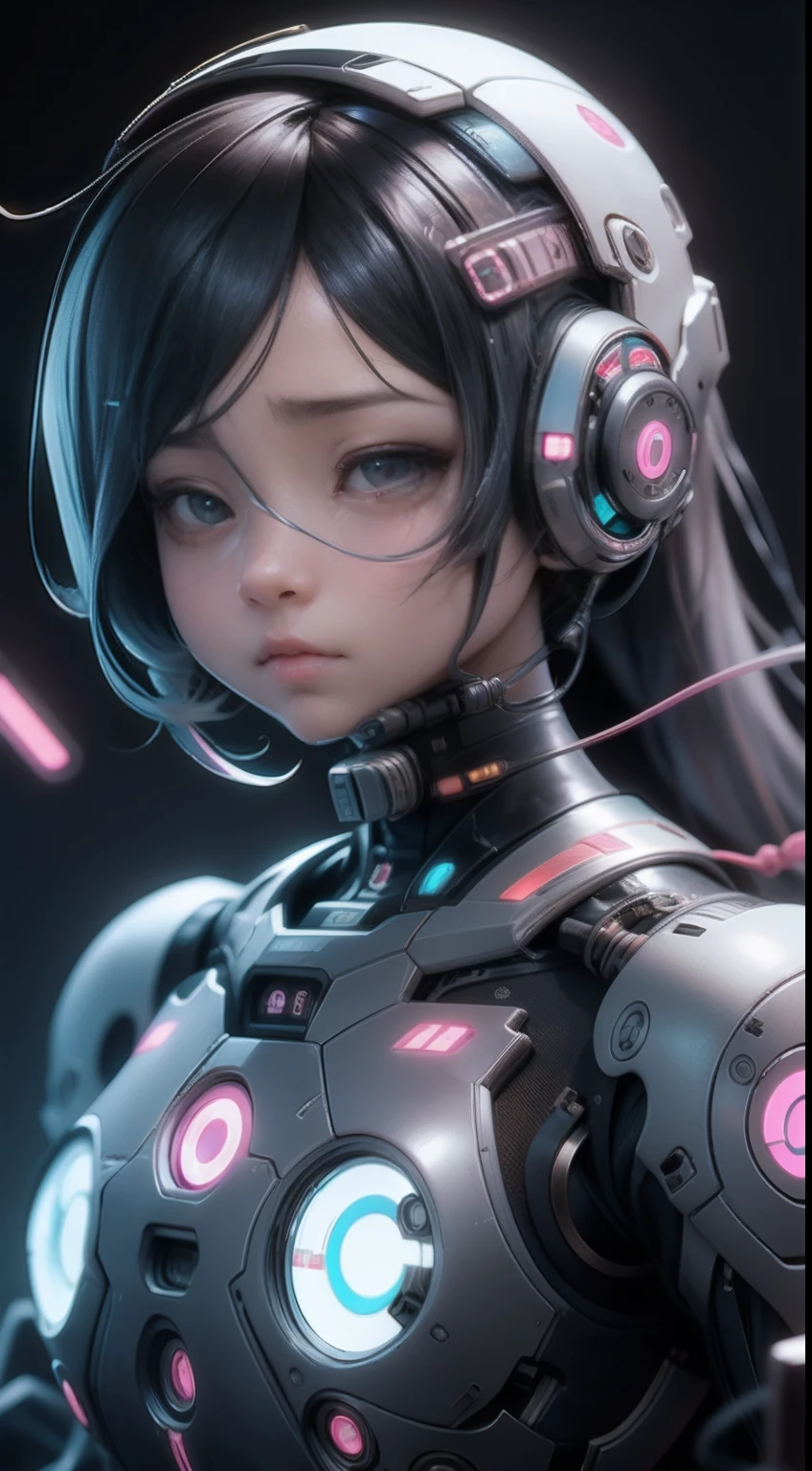 Cyborg girl aesthetic anime Japanese sad girl, Black background, facing camera, Grief vibes, high technology,