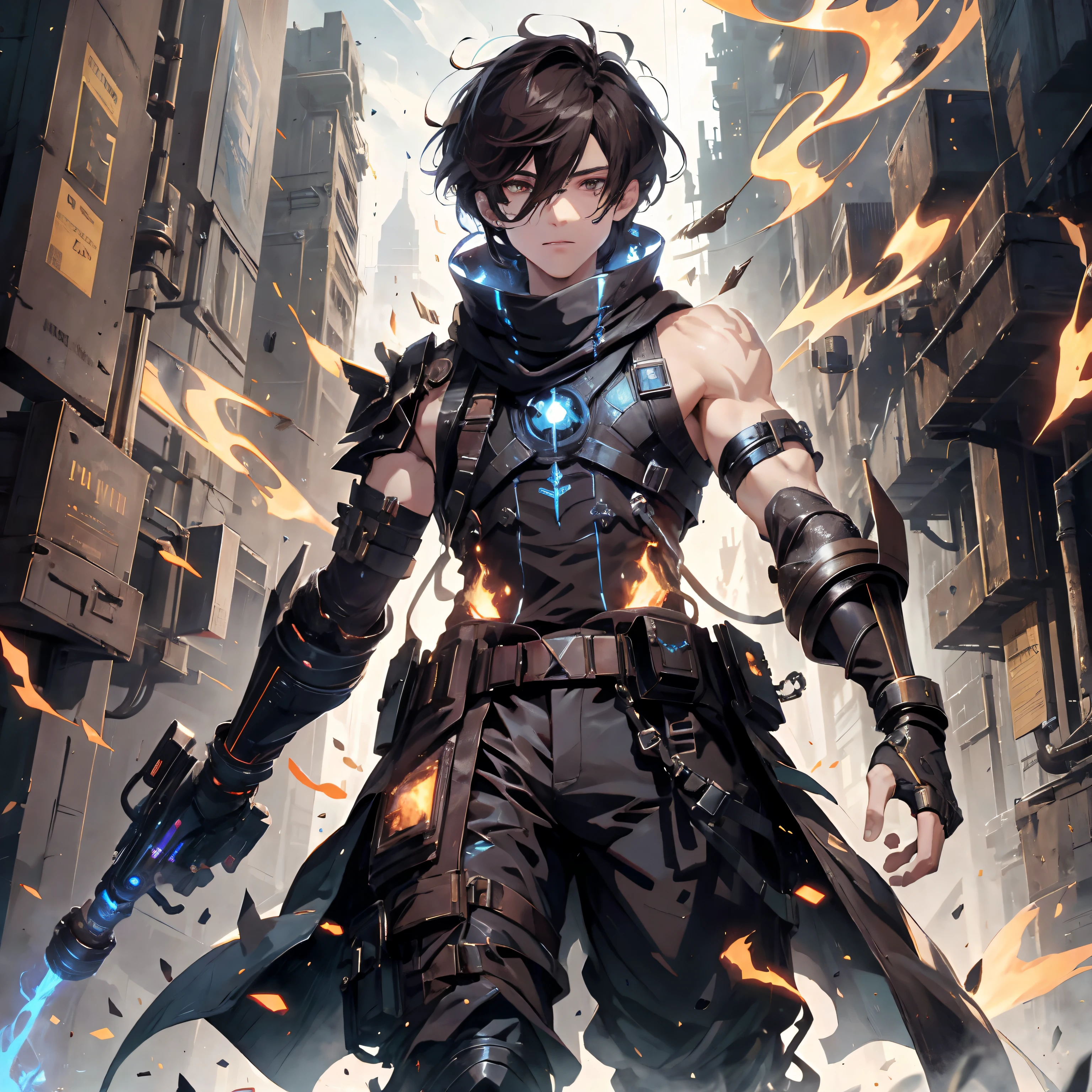 (absurdres, highres, ultra detailed), masterpiece, best quality, real light and shadow, solo, full body,a boy with dark brown hair, sleeveless outfits, handsome, bipedal, full pants, flames, fire power, burn, fire hands ,white clothes, buff, finely eye, detailed face, detailed eye, scarf, white coat, white clothes, arm braces, futuristic technology, from below, look down, futuristic earpiece,futuristic city, fire background, swirl, spark, superhero landing shot, BREAK, dark brown eyes