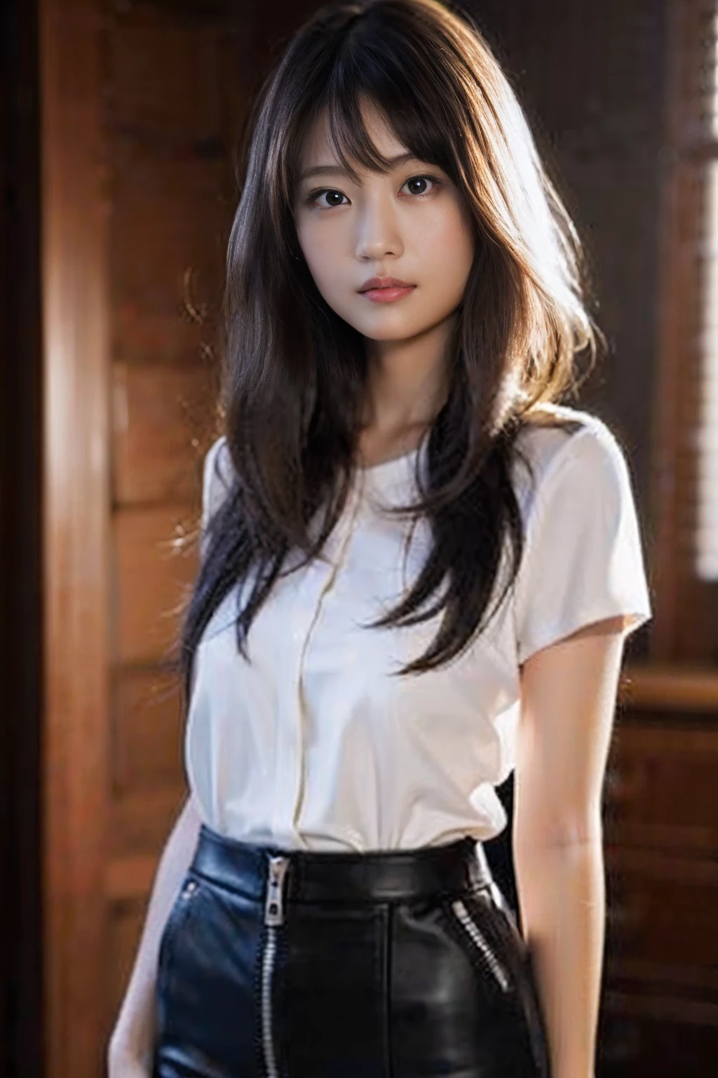 (8k, RAW photo, best quality, masterpiece:1.2), (realistic, photo-realistic:1.37), ultra-detailed, ultra high res,1 girl,looking at viewer,beautiful detailed face,smile,narrow,(slim waist:1.3),shirt, beautiful detailed skin, skin texture, floating hair,professional lighting,