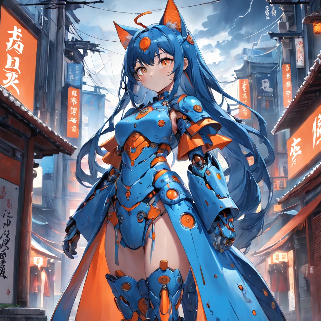 Cats but cyborgs, robot, Japanese art artifacts, Human posture, Devilish detailed face, Orange and blue mechanical gorgeous body, Futuristic robes, Gorgeous long skirt armor, Perfect publicity, full bodyesbian, Red and blue light, Stand in the ancient city of Barcelona, Rainy sky, The inner body glows ,Victor Art, highly details, 3D rendering of, A cinematic scene, Daylight, Musashibe Benkei.