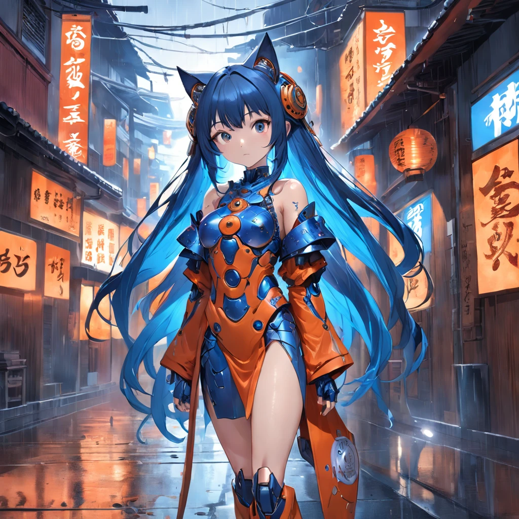 Cats but cyborgs, robot, Japanese art artifacts, Human posture, Devilish detailed face, Orange and blue mechanical gorgeous body, Futuristic robes, Gorgeous long skirt armor, Perfect publicity, full bodyesbian, Red and blue light, Stand in the ancient city of Barcelona, Rainy sky, The inner body glows ,Victor Art, highly details, 3D rendering of, A cinematic scene, Daylight, Musashibe Benkei.
